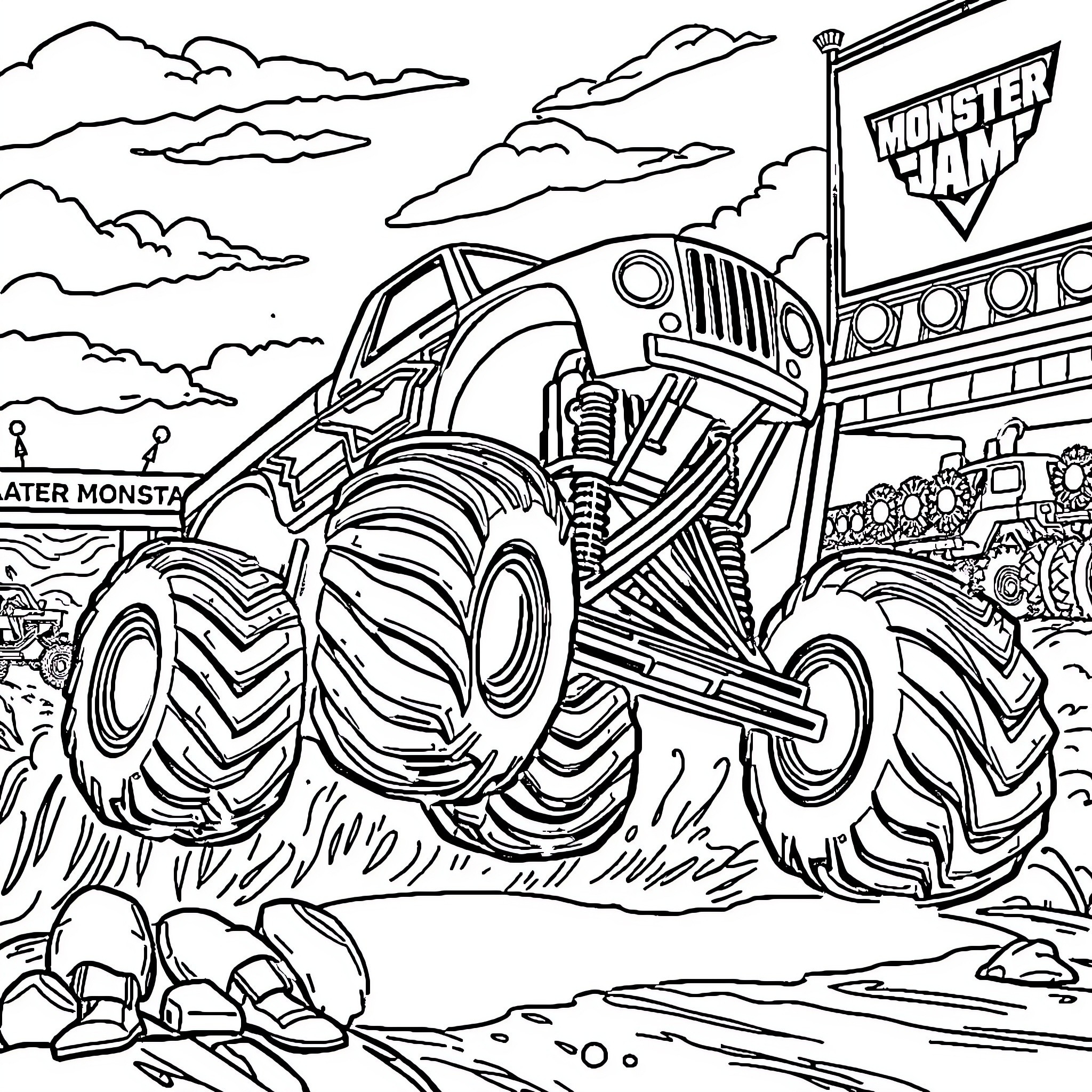 Monster Truck Performing Stunts at the Monster Jam Coloring Page (free black-and-white line drawing printable PDF for all, from beginners to advanced learners, including children, teens, adults, and seniors)