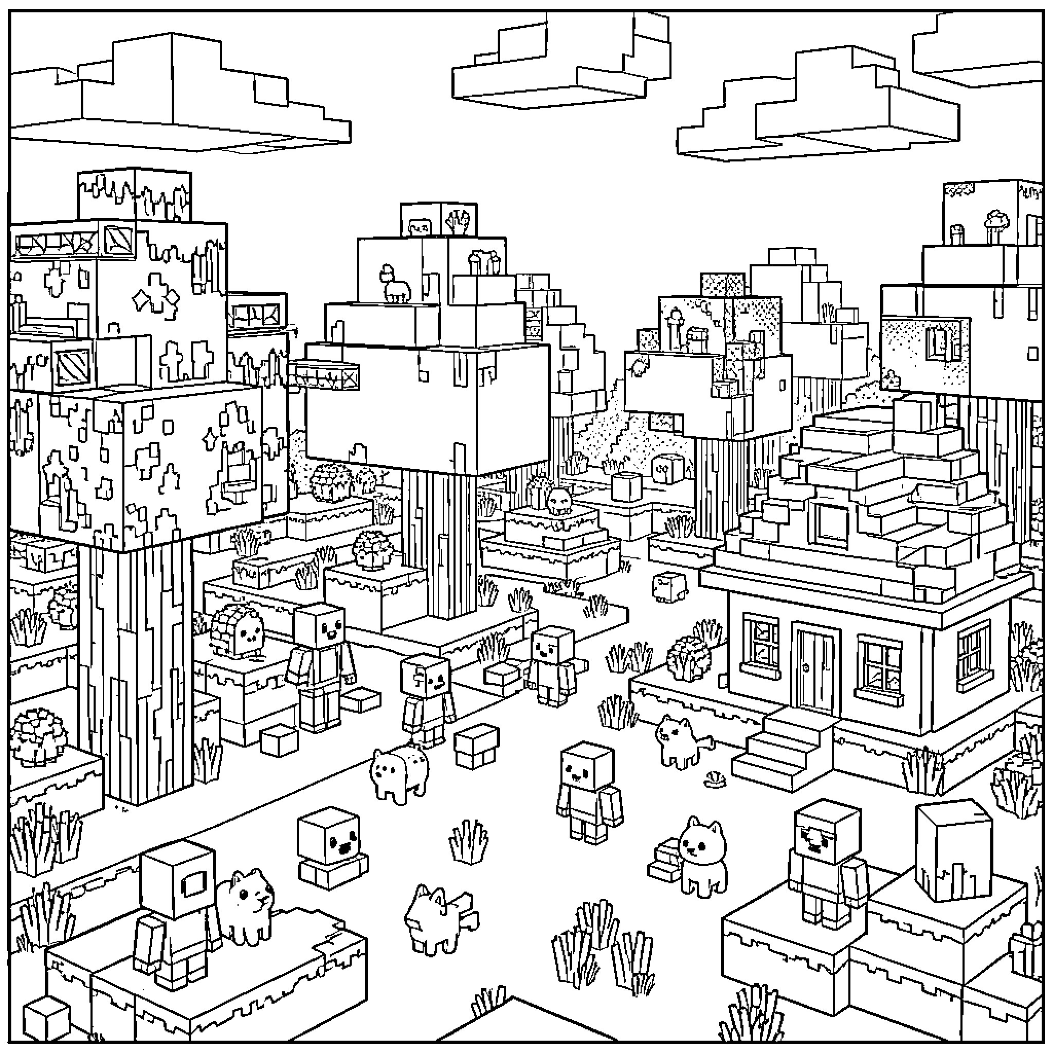 Minecraft: Chaotic Cityscape with Pixelated Characters Coloring Page (free black-and-white line drawing printable PDF for all, from beginners to advanced learners, including children, teens, adults, and seniors)