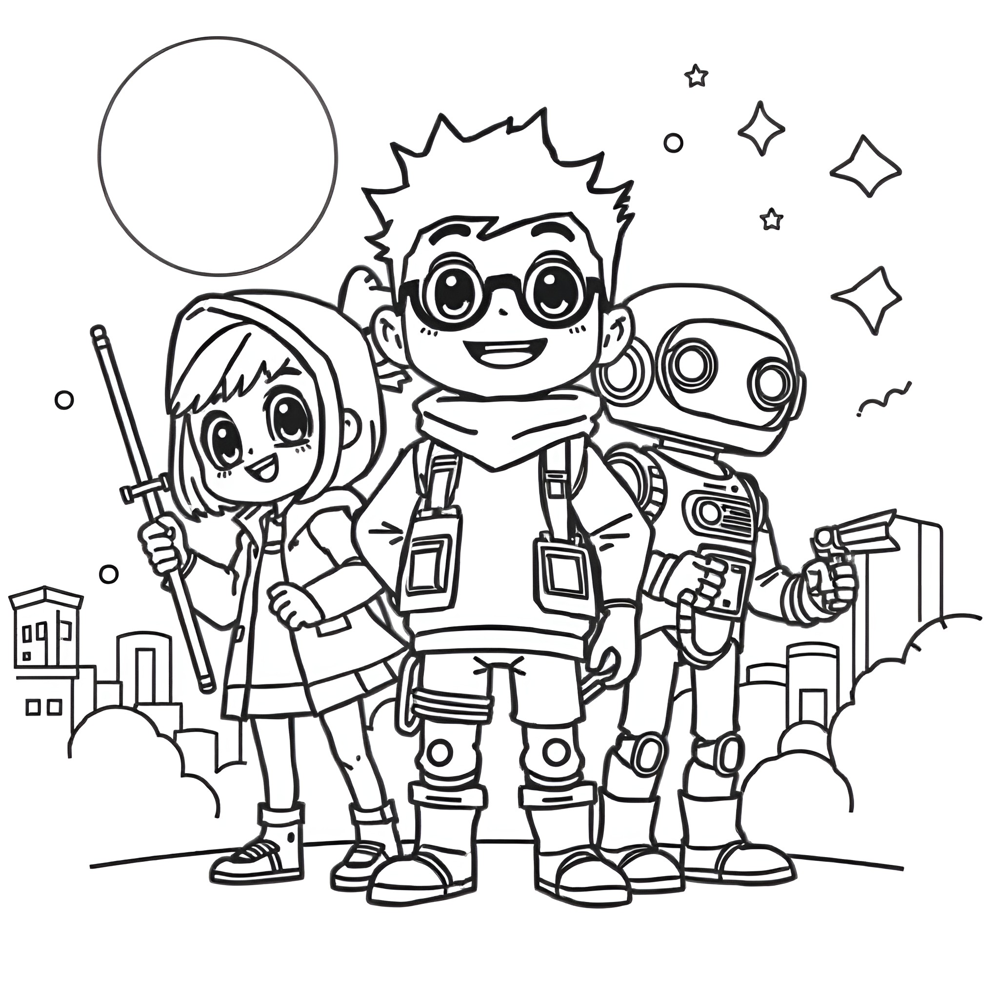 Team Umizumi's Playful Adventure Coloring Page (free black-and-white line drawing printable PDF for all, from beginners to advanced learners, including children, teens, adults, and seniors)