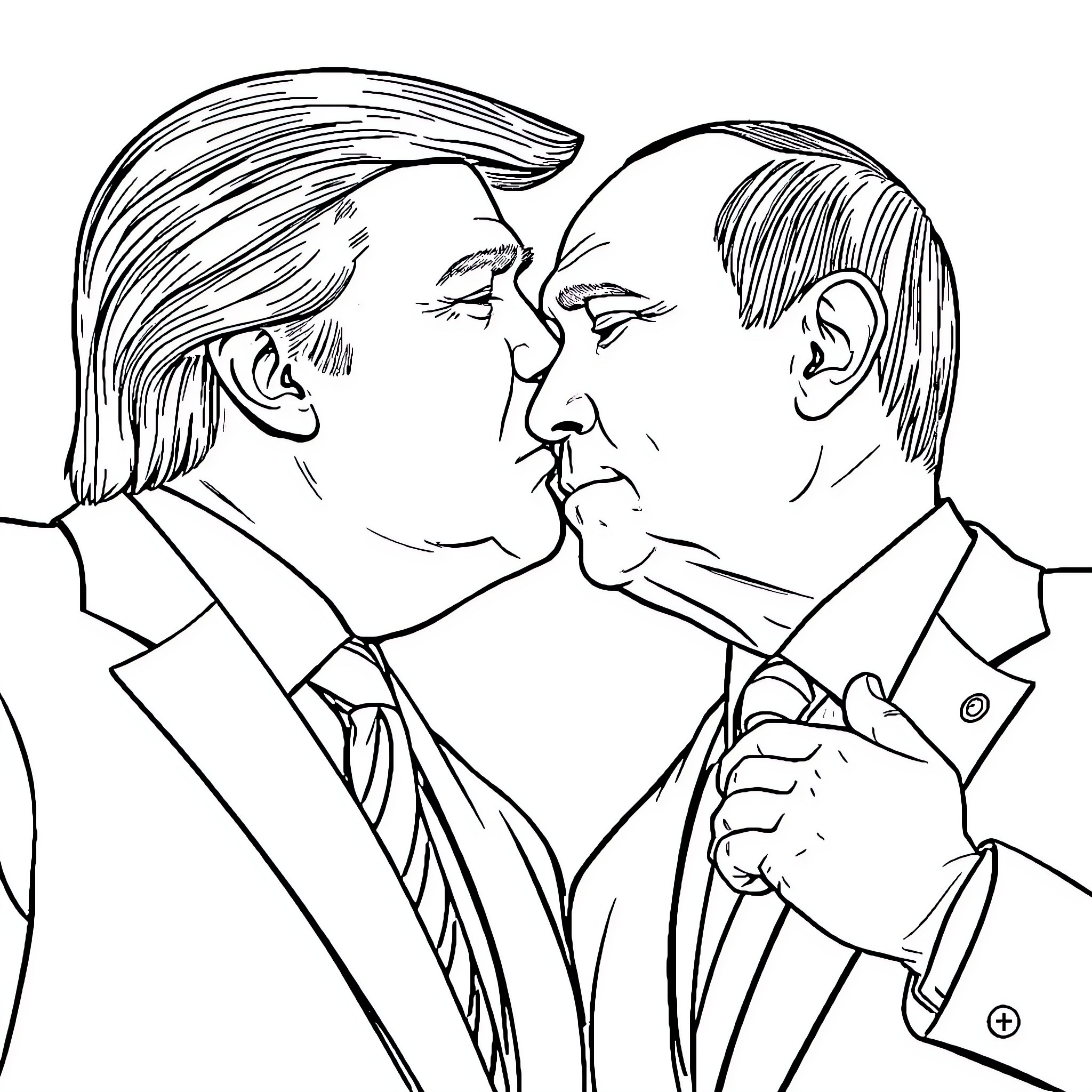 Donald Trump and Putin Confrontation Coloring Page (free black-and-white line drawing printable PDF for all, from beginners to advanced learners, including children, teens, adults, and seniors)
