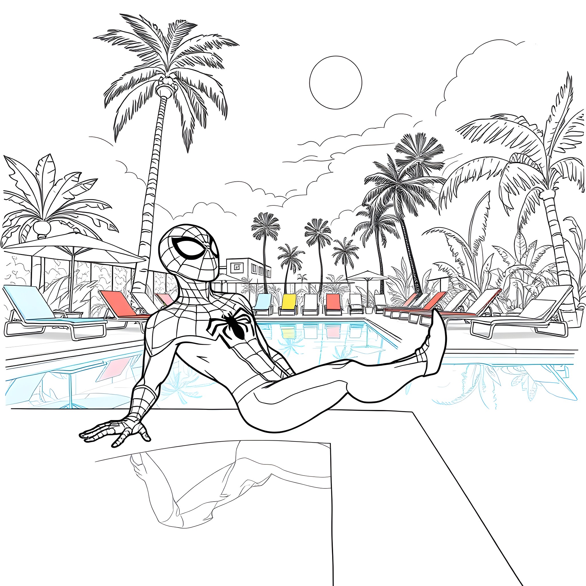 Spider-Man relaxing by the pool on a tropical island Coloring Page (free black-and-white line drawing printable PDF for all, from beginners to advanced learners, including children, teens, adults, and seniors)