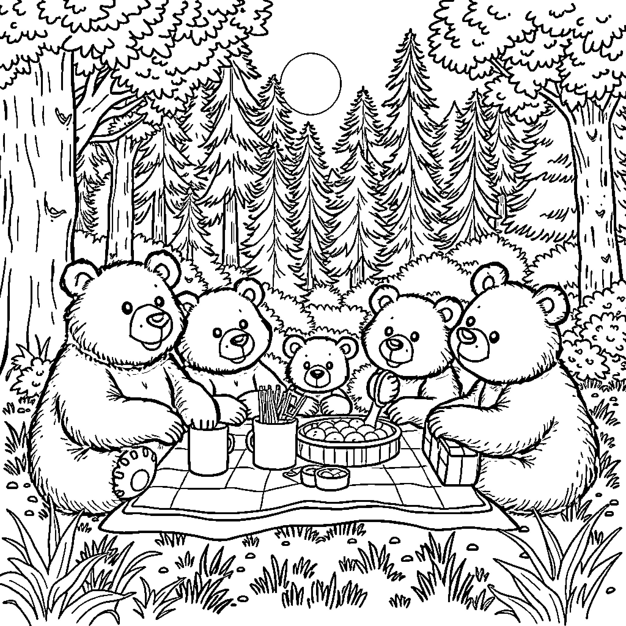 Bear family having a picnic in the forest Coloring Page (free black-and-white line drawing printable PDF for all, from beginners to advanced learners, including children, teens, adults, and seniors)