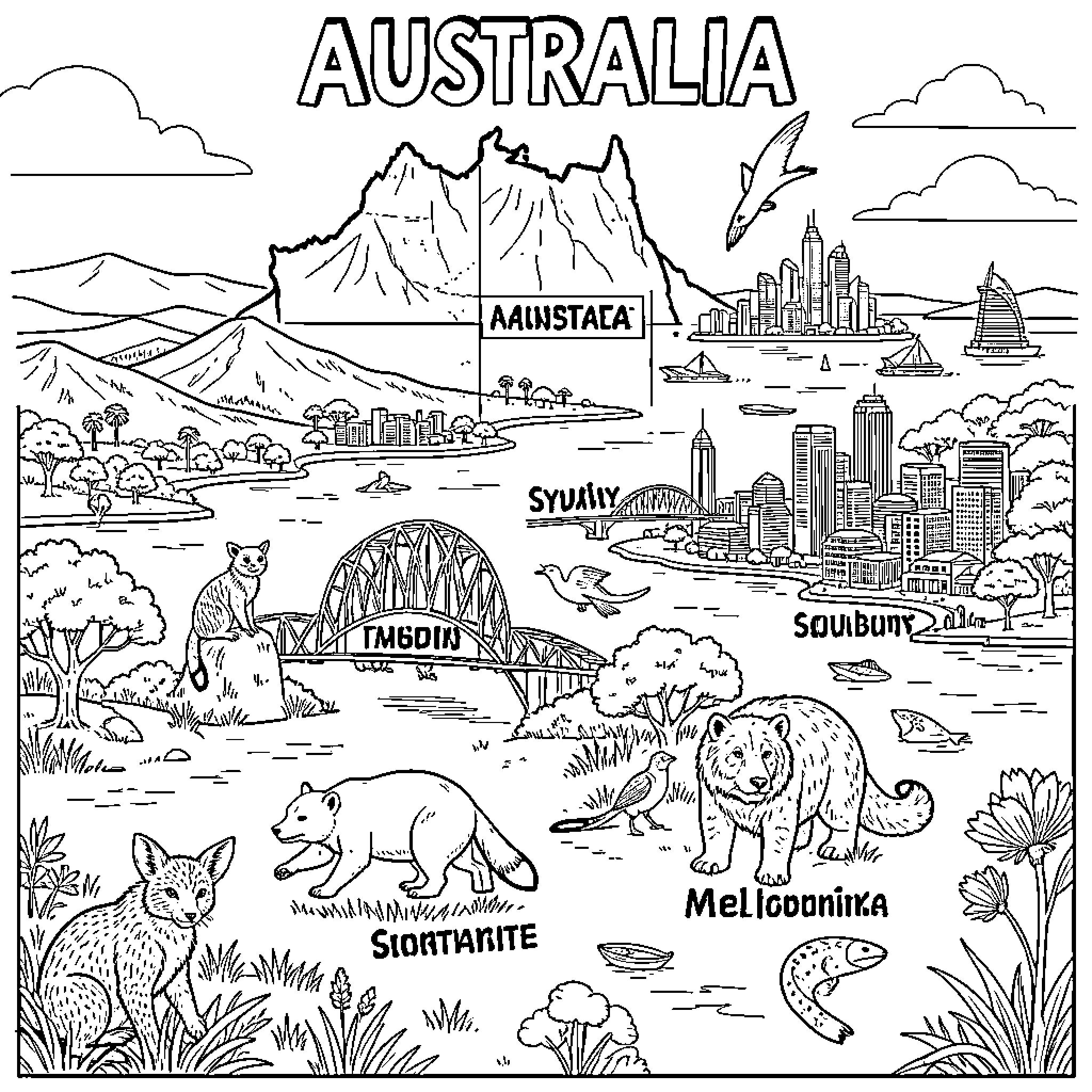 Australia landscape featuring various animals and city skylines Coloring Page (free black-and-white line drawing printable PDF for all, from beginners to advanced learners, including children, teens, adults, and seniors)