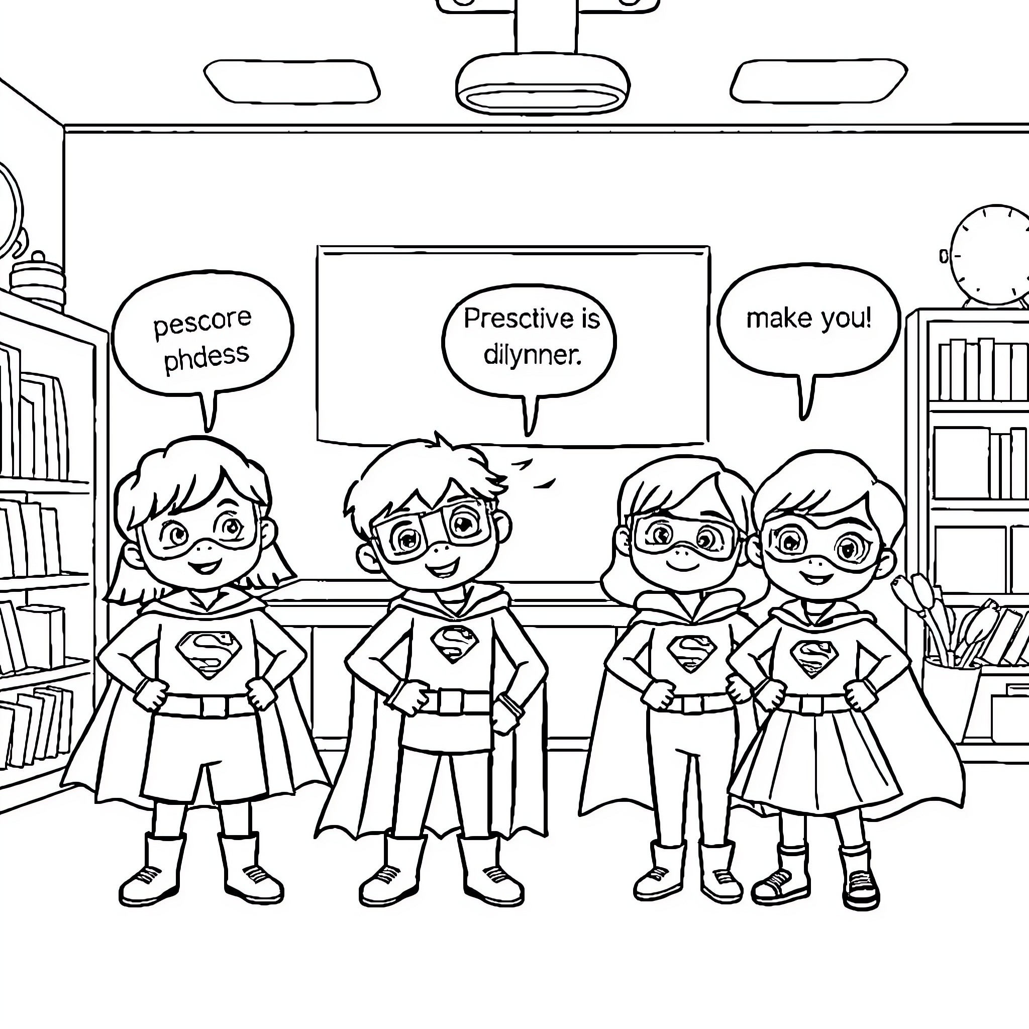 Superhero Students in the Classroom Coloring Page (free black-and-white line drawing printable PDF for all, from beginners to advanced learners, including children, teens, adults, and seniors)