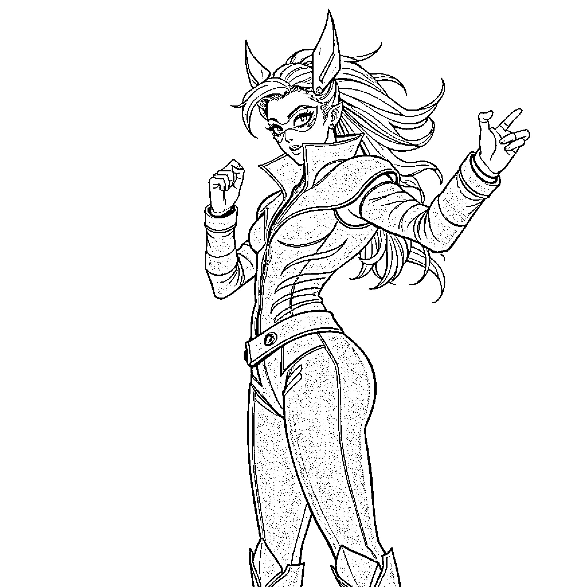 HUNTR/X Heroic Anime Character Posing Coloring Page (free black-and-white line drawing printable PDF for all, from beginners to advanced learners, including children, teens, adults, and seniors)