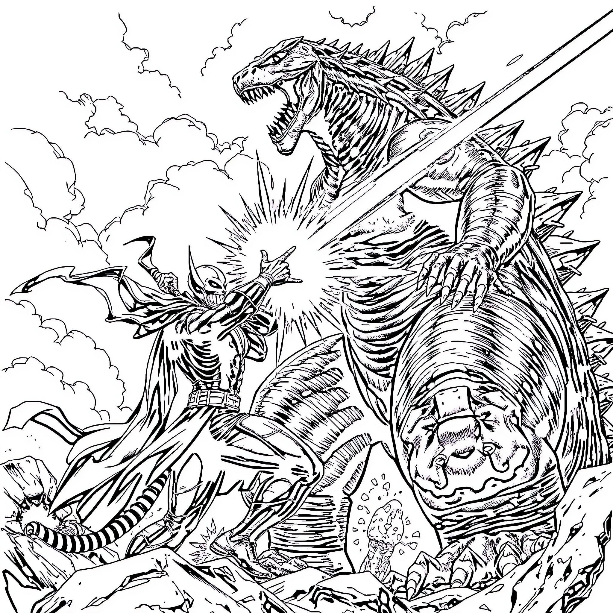 Spawn of Colossal Creatures in Furious Battle Coloring Page (free black-and-white line drawing printable PDF for all, from beginners to advanced learners, including children, teens, adults, and seniors)