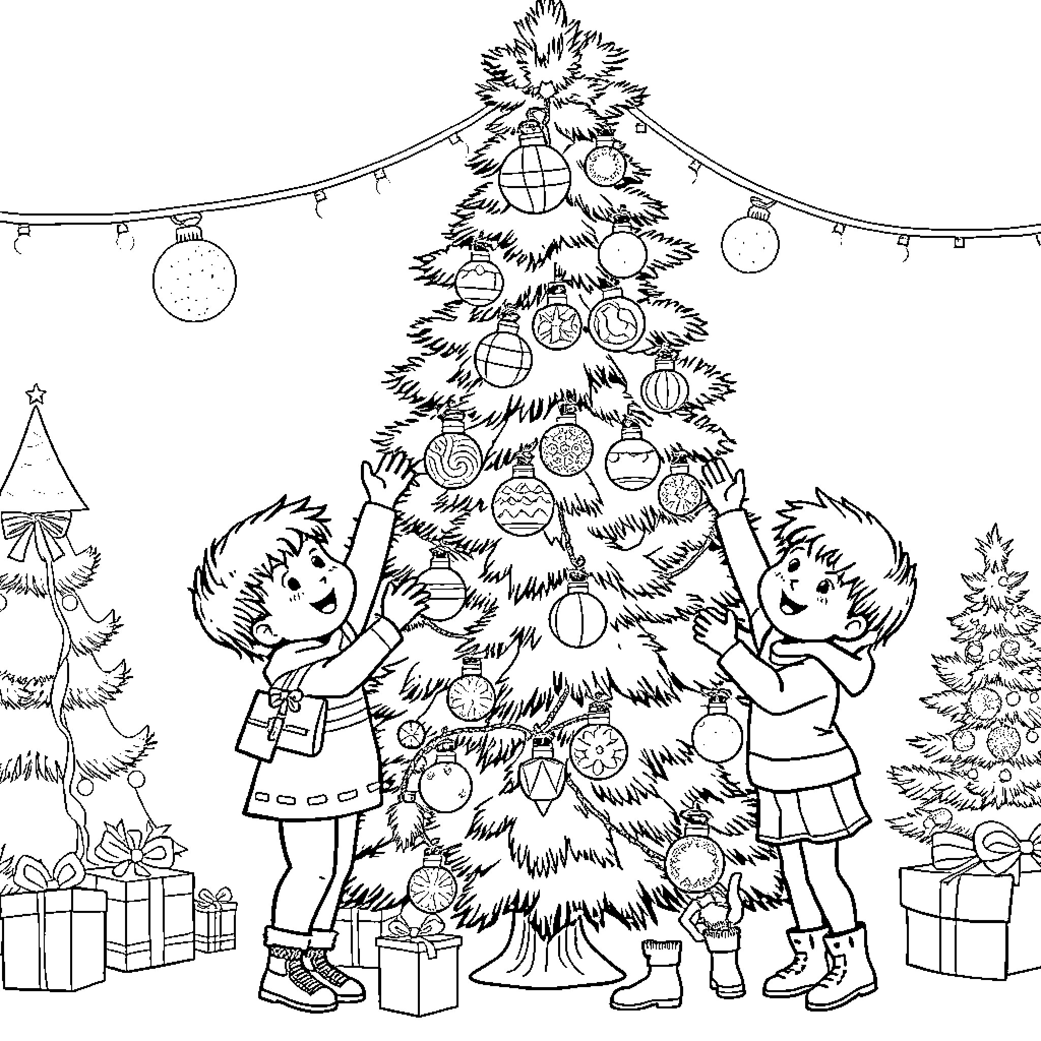Child decorating festive Christmas tree with ornaments Coloring Page (free black-and-white line drawing printable PDF for all, from beginners to advanced learners, including children, teens, adults, and seniors)