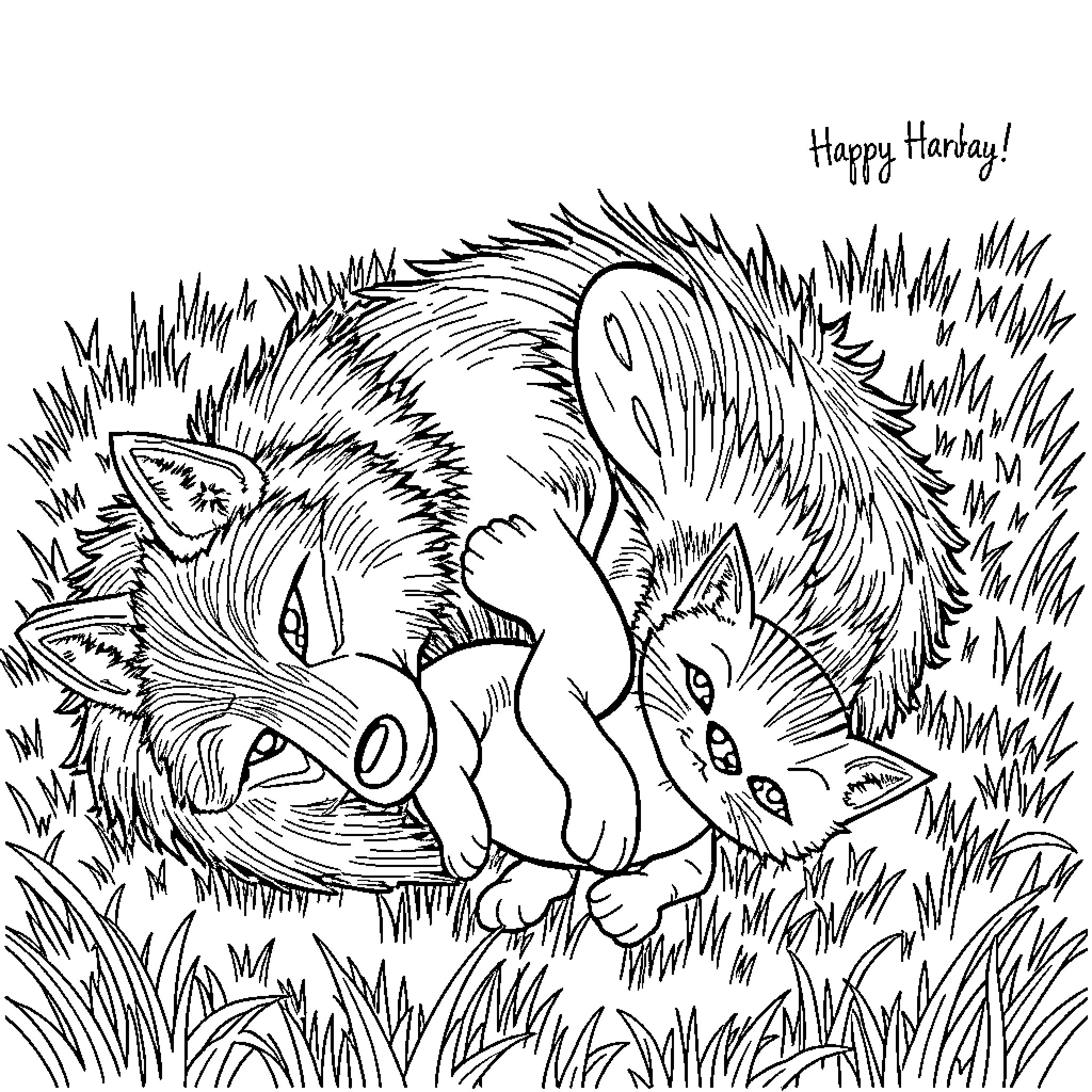 Wolf Siblings Playing Joyfully in the Grass Coloring Page (free black-and-white line drawing printable PDF for all, from beginners to advanced learners, including children, teens, adults, and seniors)