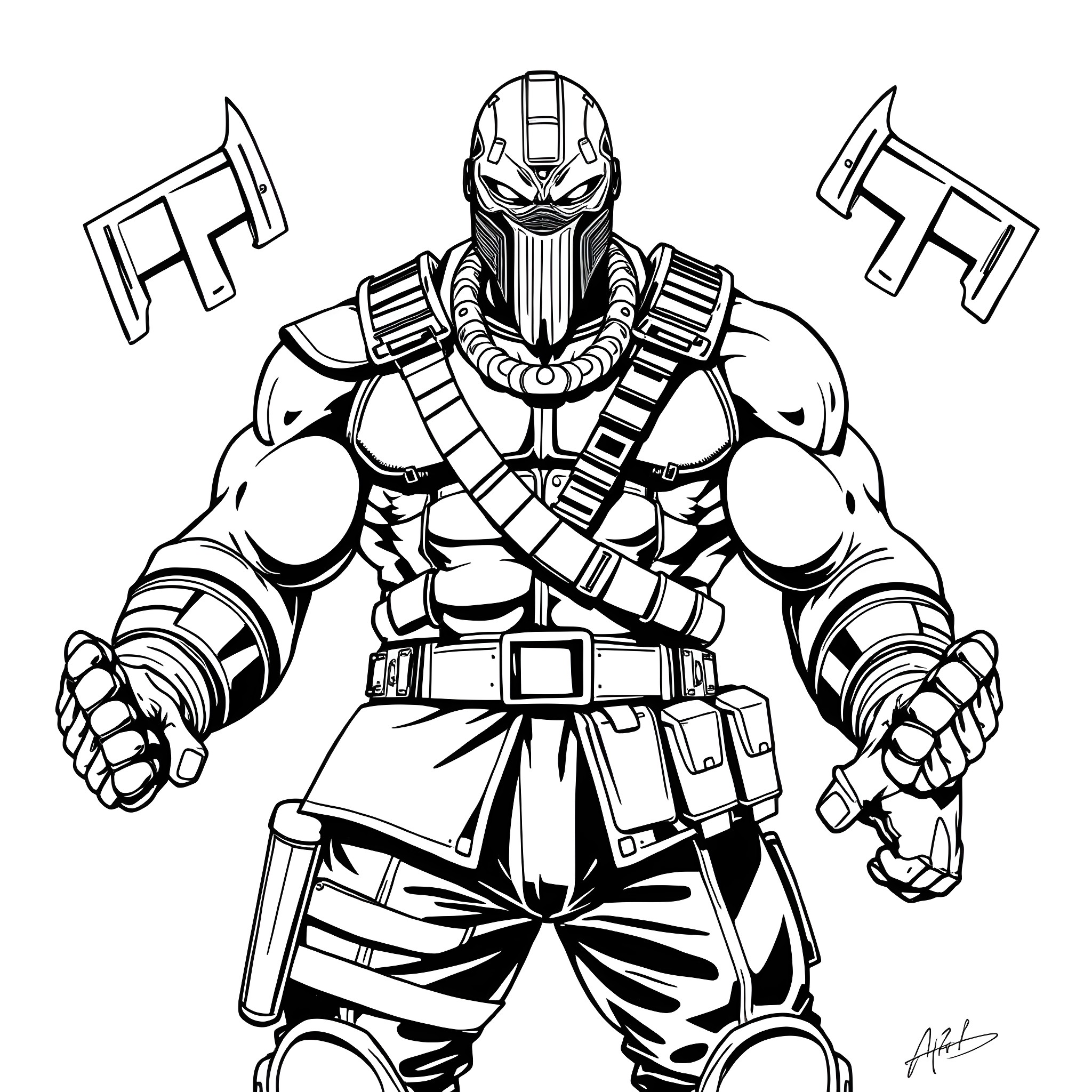 Nuke Warrior's Fierce Pose Coloring Page (free black-and-white line drawing printable PDF for all, from beginners to advanced learners, including children, teens, adults, and seniors)