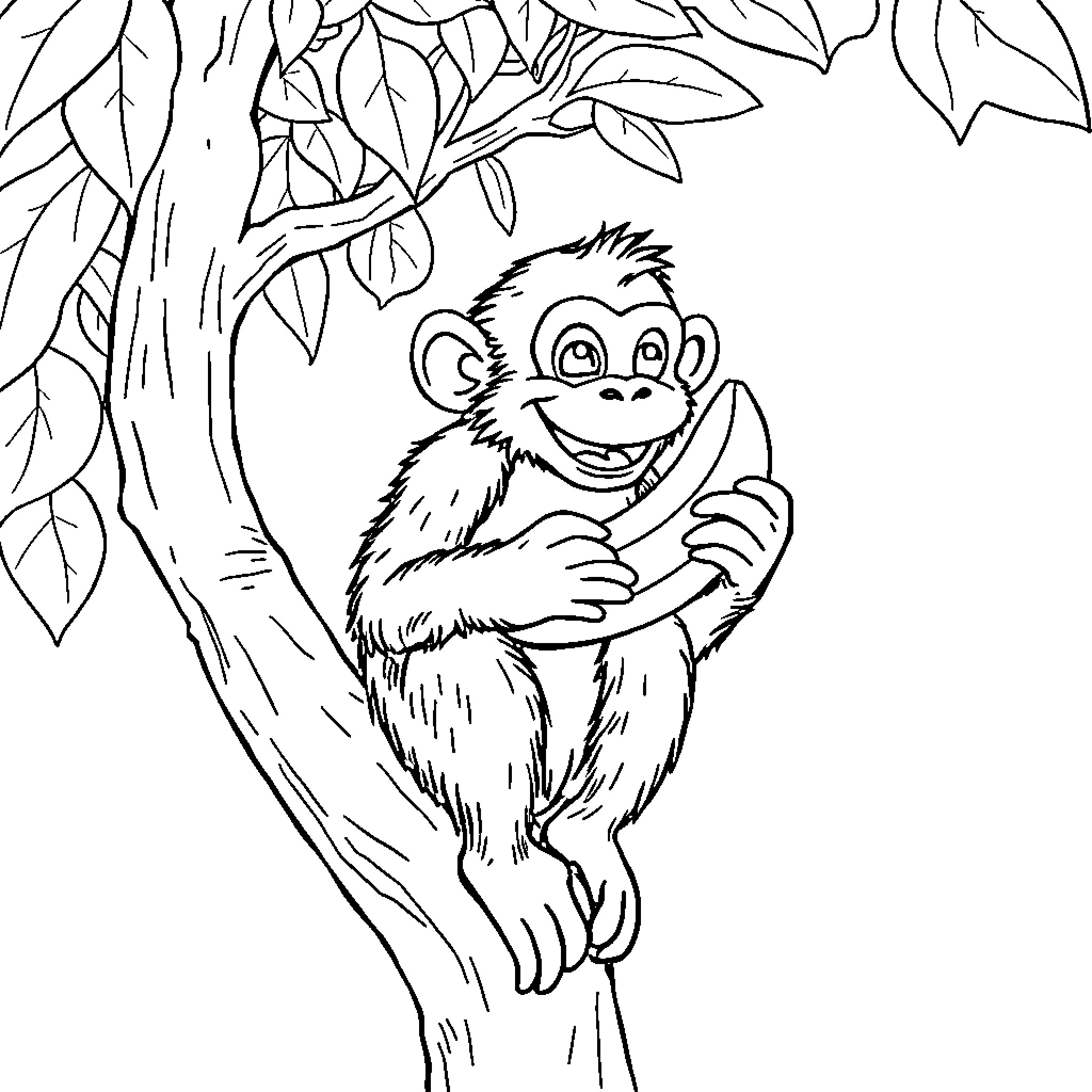 Monkey happily sitting on tree branch Coloring Page (free black-and-white line drawing printable PDF for all, from beginners to advanced learners, including children, teens, adults, and seniors)