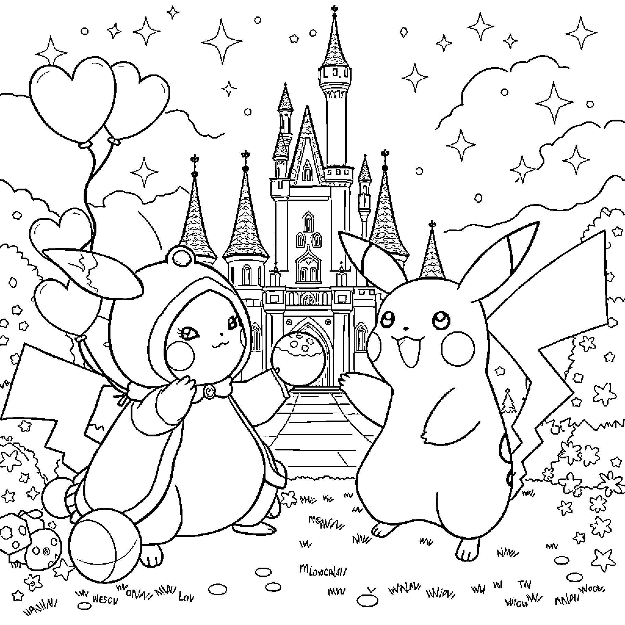 Pikachu and friends explore the magical castle Coloring Page (free black-and-white line drawing printable PDF for all, from beginners to advanced learners, including children, teens, adults, and seniors)