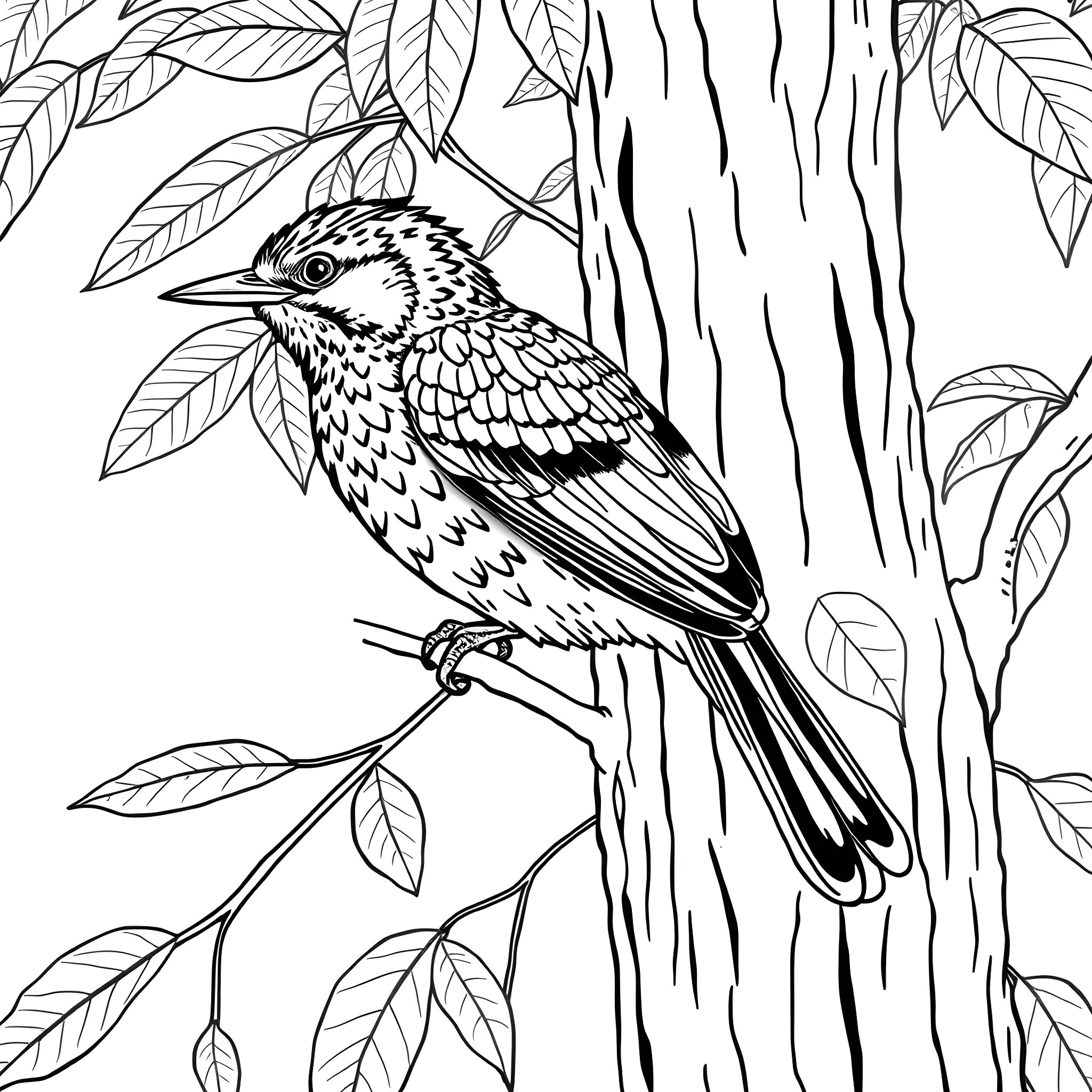 Setophaga Petechia perching on tree with foliage Coloring Page (free black-and-white line drawing printable PDF for all, from beginners to advanced learners, including children, teens, adults, and seniors)