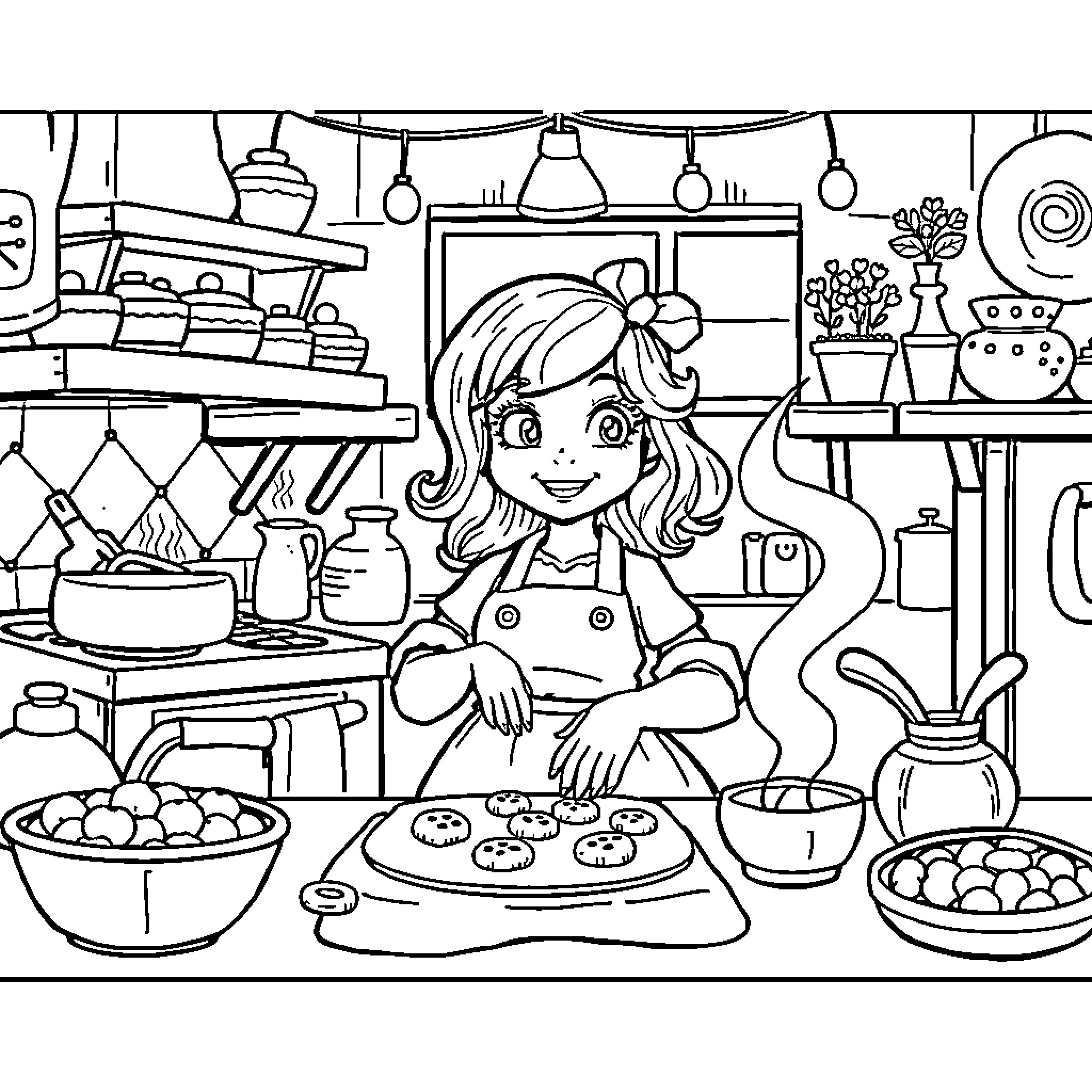 Cosmo's Cozy Cooking Corner Coloring Page (free black-and-white line drawing printable PDF for all, from beginners to advanced learners, including children, teens, adults, and seniors)