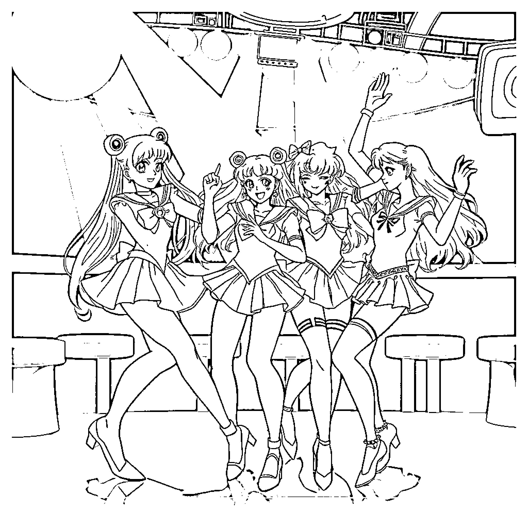 Sailor Moon Scouts Dancing and Celebrating Coloring Page (free black-and-white line drawing printable PDF for all, from beginners to advanced learners, including children, teens, adults, and seniors)