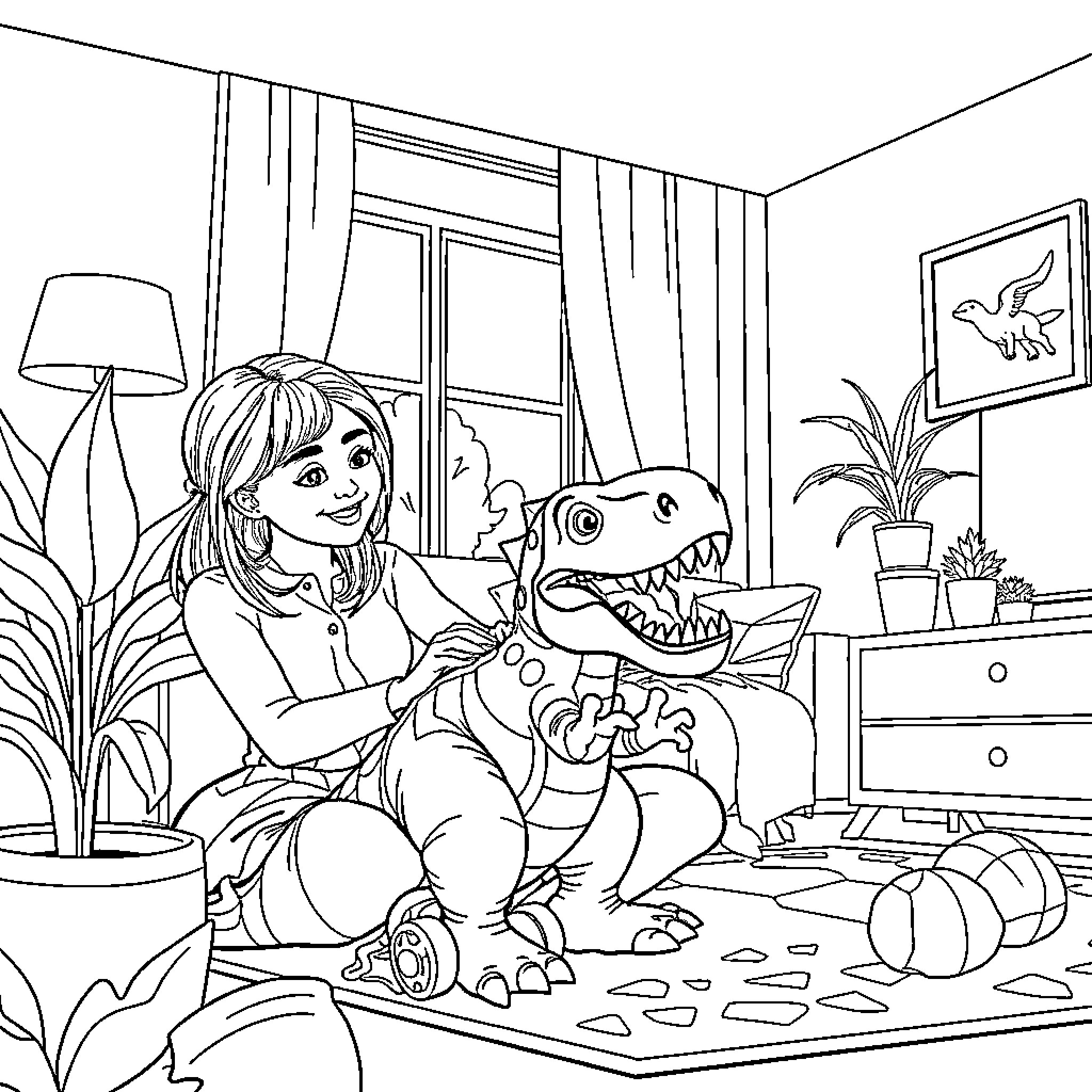 Dinosaur Playing with Girl in Cozy Room Coloring Page (free black-and-white line drawing printable PDF for all, from beginners to advanced learners, including children, teens, adults, and seniors)