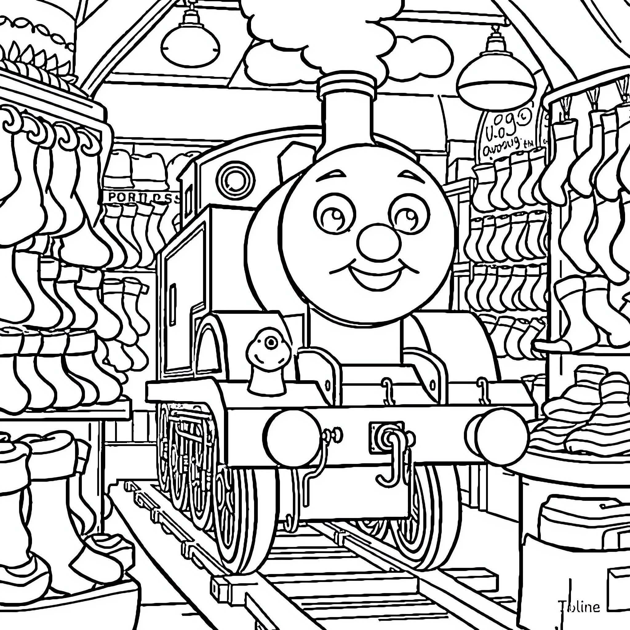 Thomas the Train in a Busy Station Coloring Page (free black-and-white line drawing printable PDF for all, from beginners to advanced learners, including children, teens, adults, and seniors)