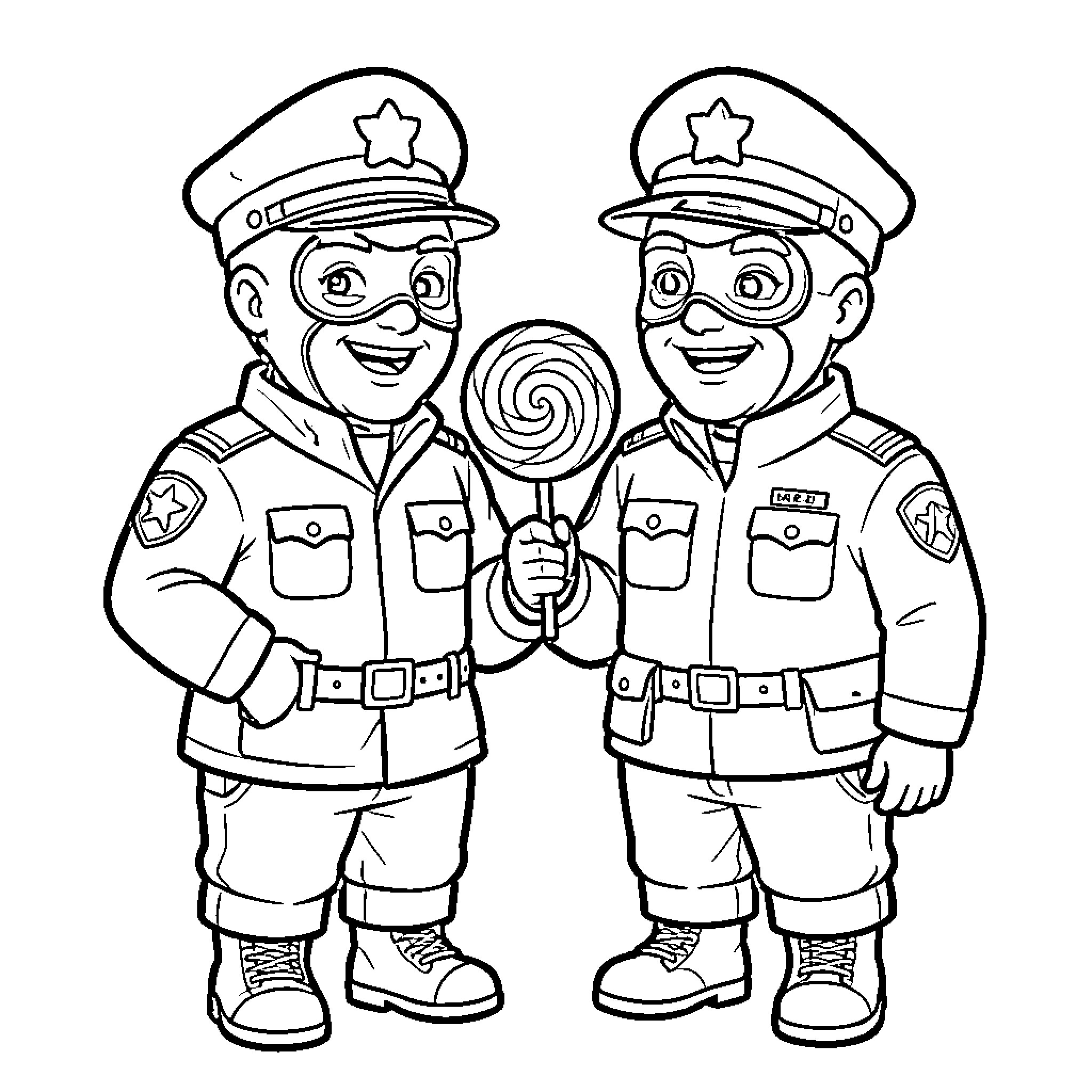 Ice Agent characters wearing masks and holding a lollipop Coloring Page (free black-and-white line drawing printable PDF for all, from beginners to advanced learners, including children, teens, adults, and seniors)