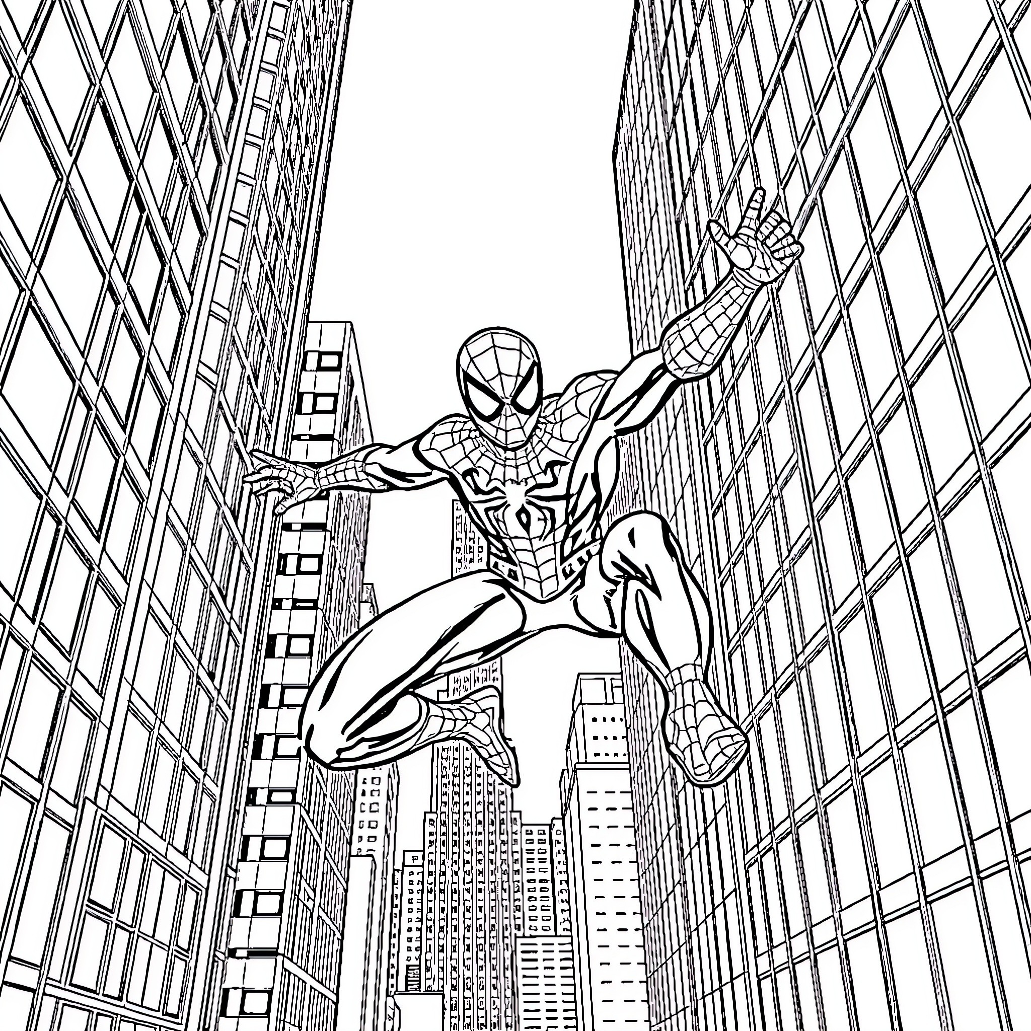 Spider-Man swinging through the city skyscrapers Coloring Page (free black-and-white line drawing printable PDF for all, from beginners to advanced learners, including children, teens, adults, and seniors)