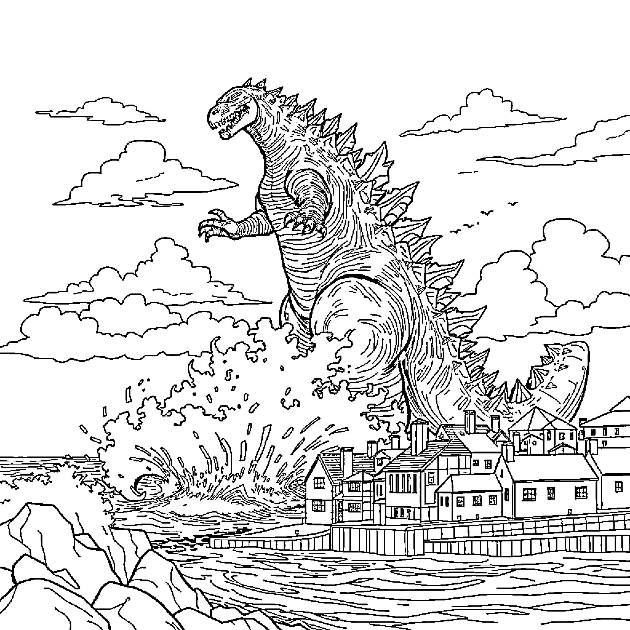 Godzilla unleashing destruction upon the city Coloring Page (free black-and-white line drawing printable PDF for all, from beginners to advanced learners, including children, teens, adults, and seniors)