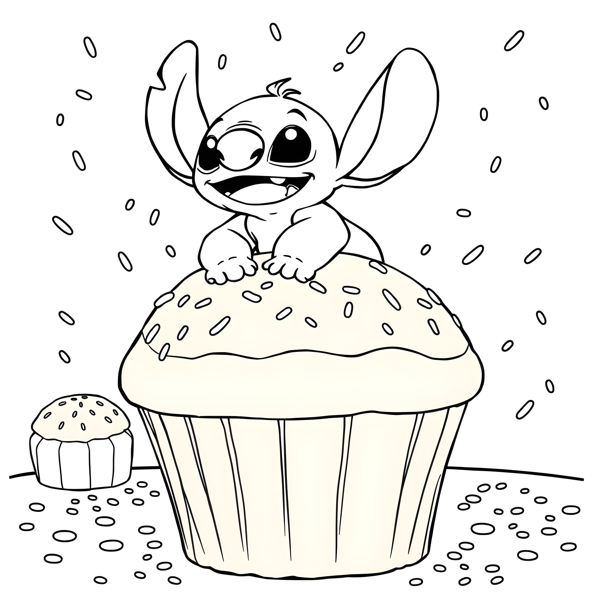 Stitch enjoying a cupcake in the snow Coloring Page (free black-and-white line drawing printable PDF for all, from beginners to advanced learners, including children, teens, adults, and seniors)