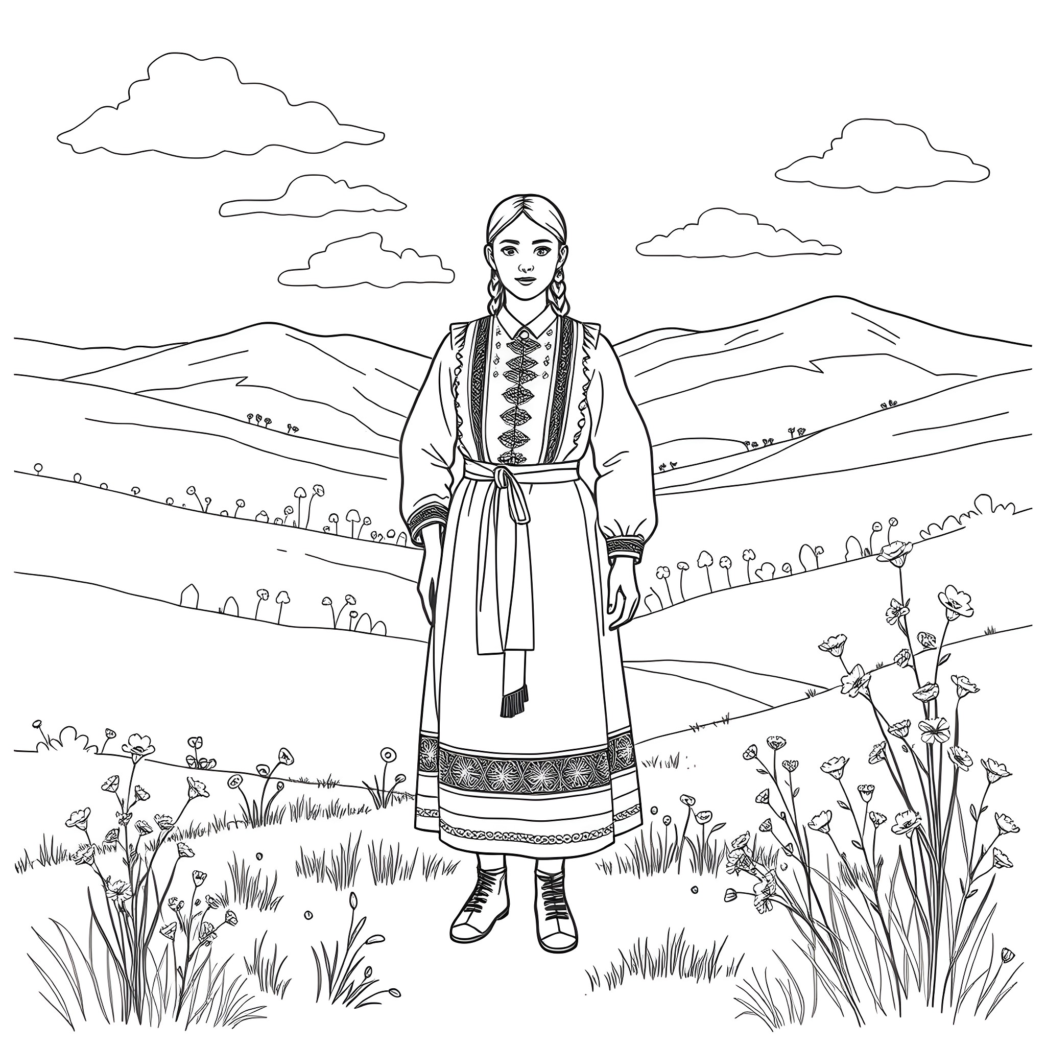 Clothing of a female figure in traditional attire in a rural landscape Coloring Page (free black-and-white line drawing printable PDF for all, from beginners to advanced learners, including children, teens, adults, and seniors)