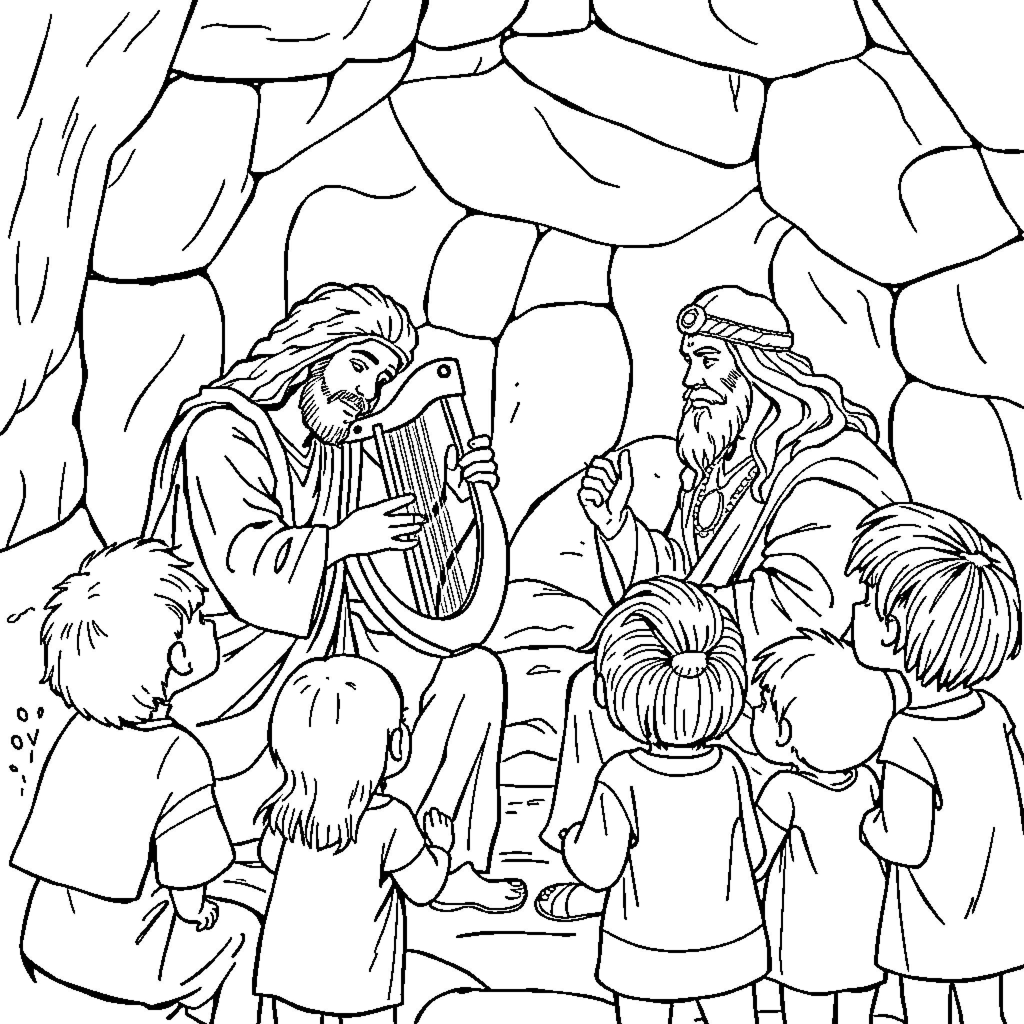 David playing harp for crowd in cavern Coloring Page (free black-and-white line drawing printable PDF for all, from beginners to advanced learners, including children, teens, adults, and seniors)