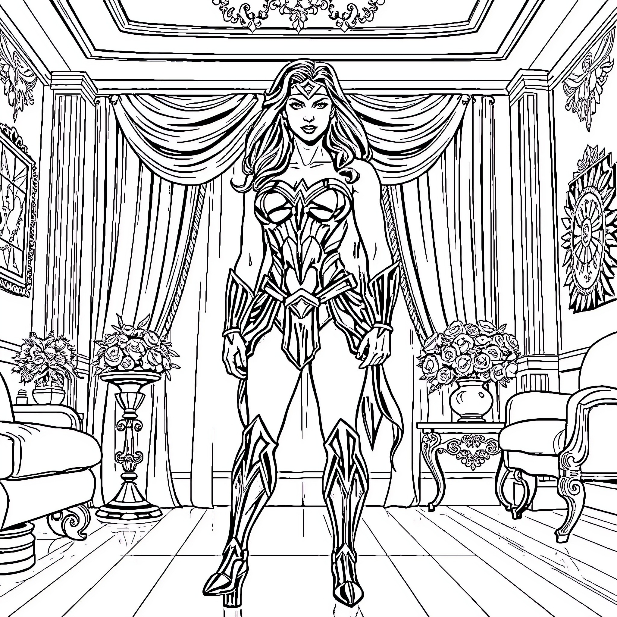 Wonder Woman in a Regal and Powerful Pose Coloring Page (free black-and-white line drawing printable PDF for all, from beginners to advanced learners, including children, teens, adults, and seniors)