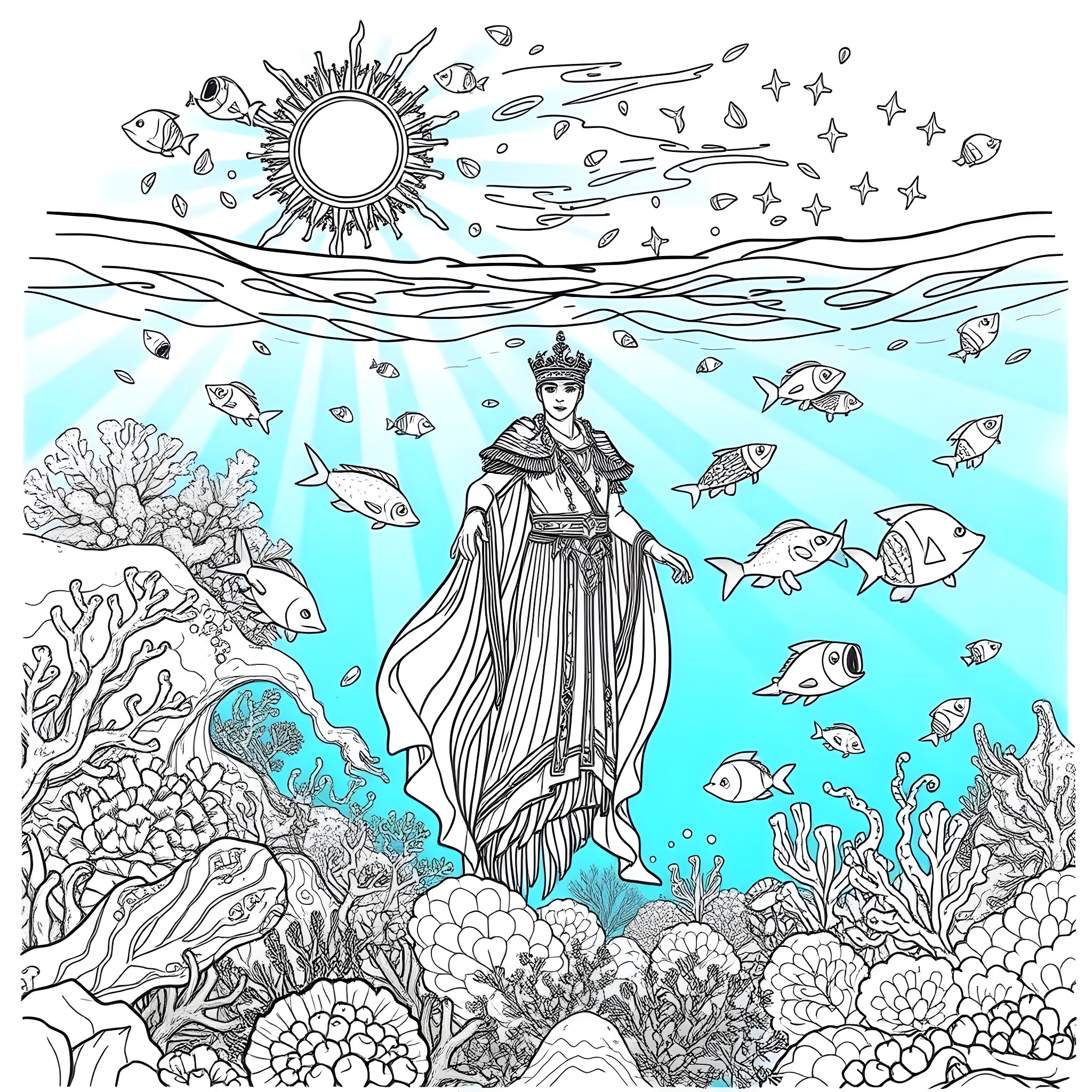 King of the Underwater Kingdom Coloring Page (free black-and-white line drawing printable PDF for all, from beginners to advanced learners, including children, teens, adults, and seniors)