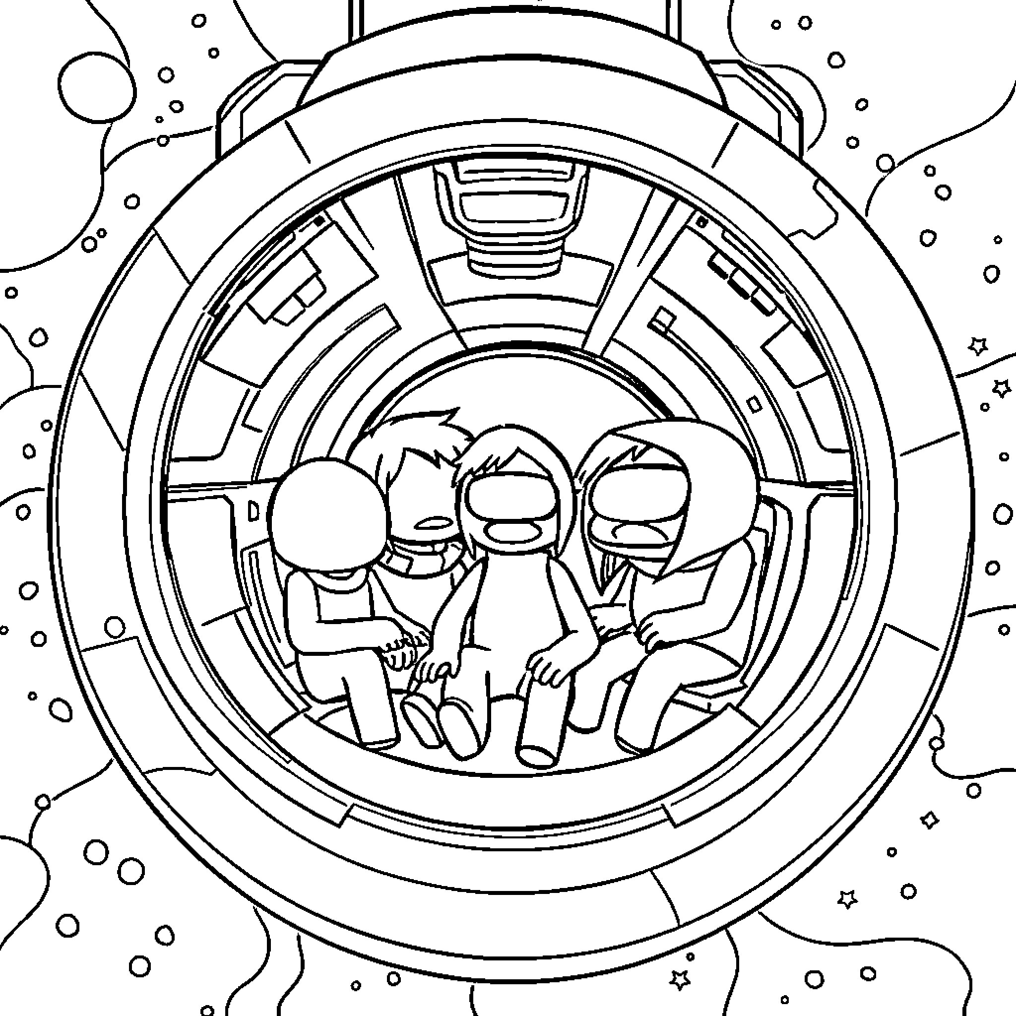 Among Us Characters in a Spacecraft Coloring Page (free black-and-white line drawing printable PDF for all, from beginners to advanced learners, including children, teens, adults, and seniors)