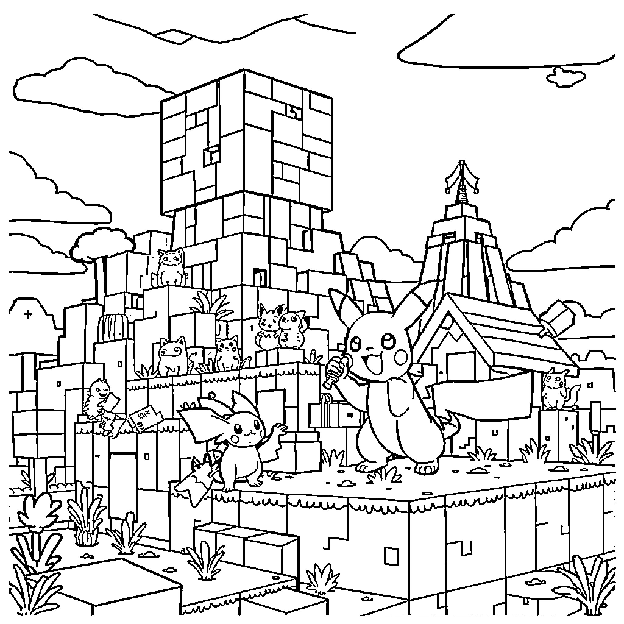 Minecraft characters in a whimsical fantasy landscape Coloring Page (free black-and-white line drawing printable PDF for all, from beginners to advanced learners, including children, teens, adults, and seniors)