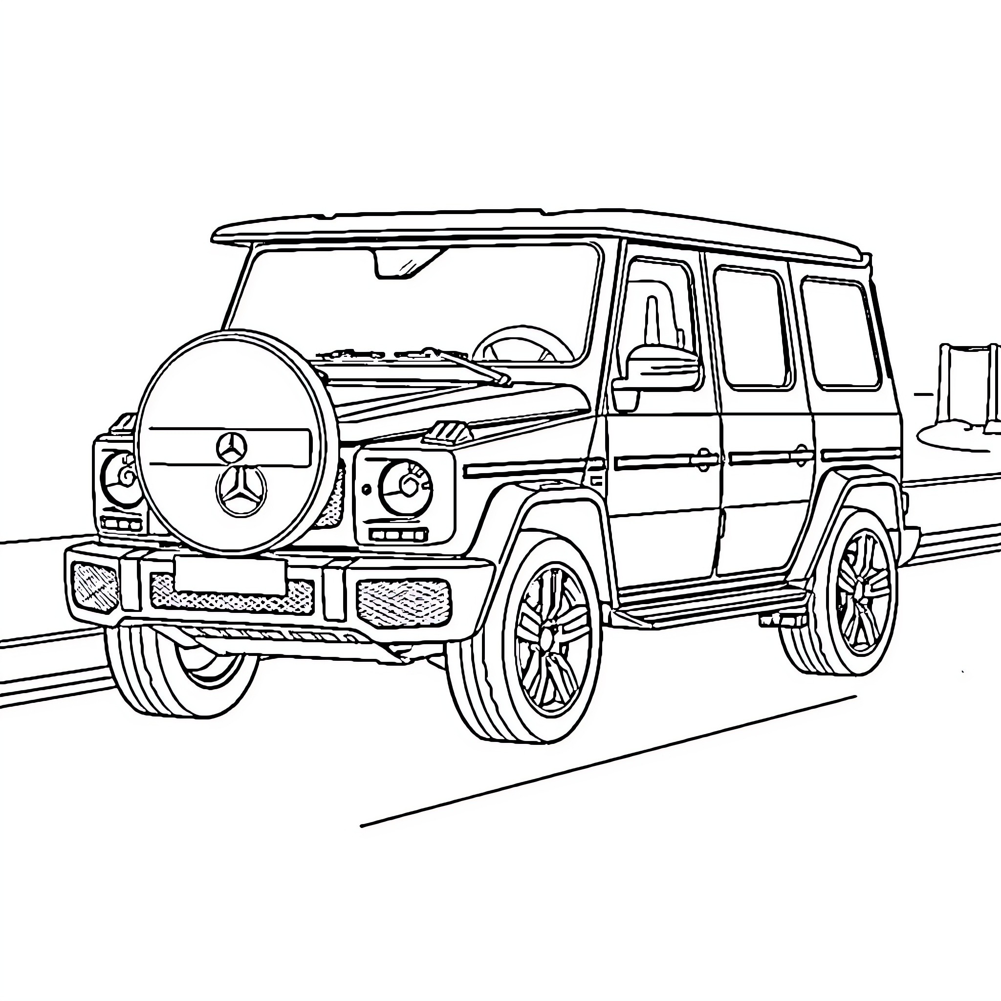 Mercedes-Benz luxury SUV on the road Coloring Page (free black-and-white line drawing printable PDF for all, from beginners to advanced learners, including children, teens, adults, and seniors)