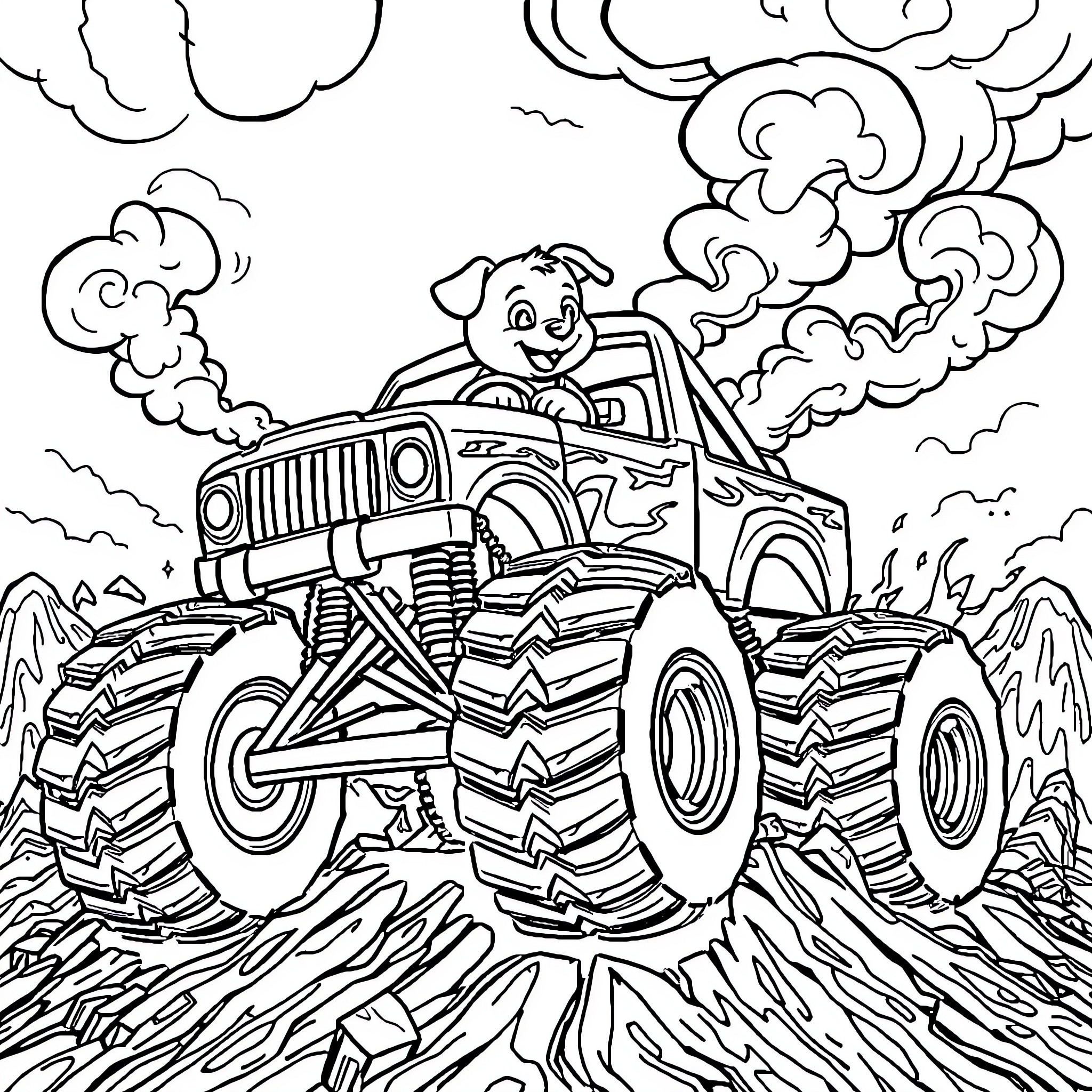 Puppy driving a monster truck through the mud Coloring Page (free black-and-white line drawing printable PDF for all, from beginners to advanced learners, including children, teens, adults, and seniors)