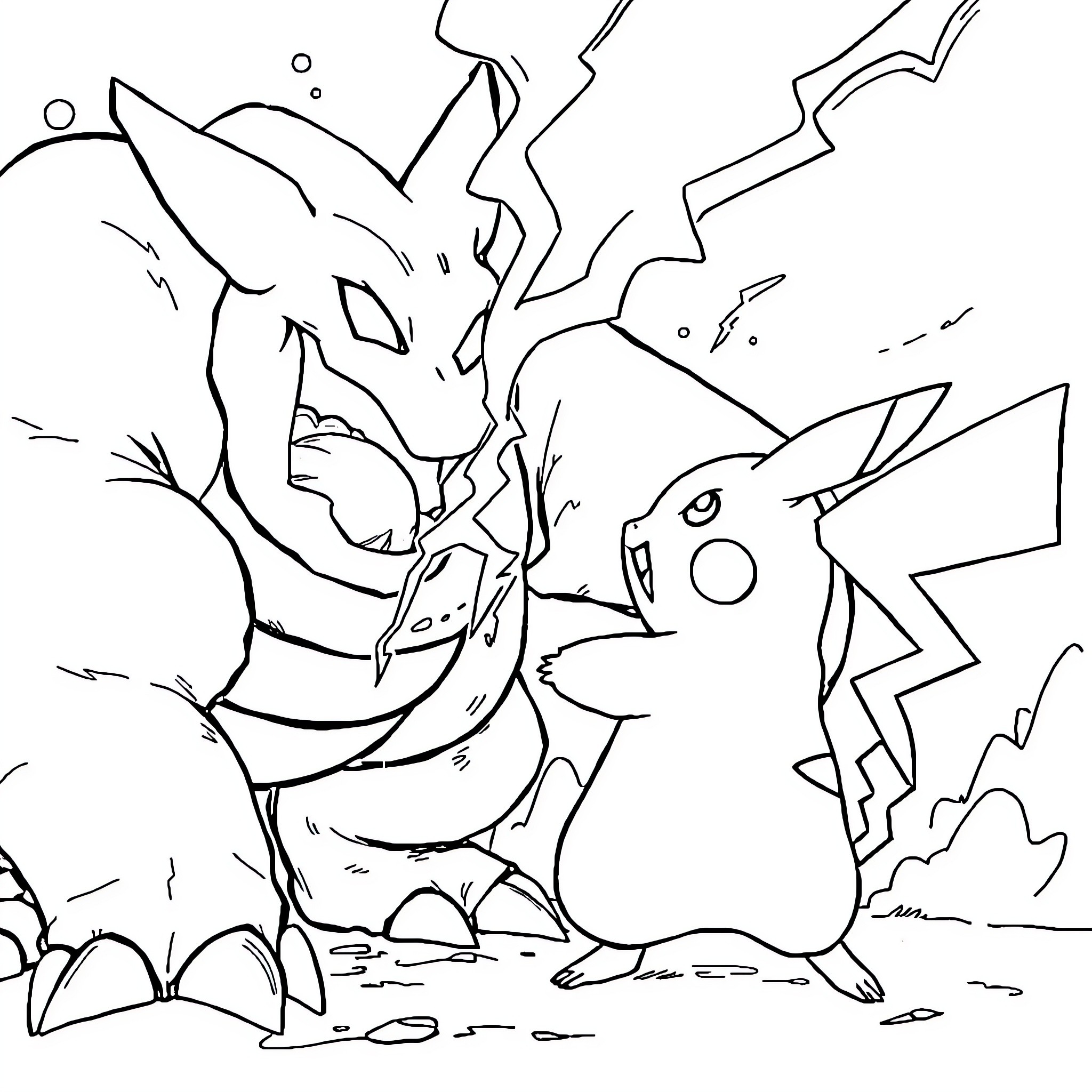 Pikachu battling a powerful Pokemon in an intense scene Coloring Page (free black-and-white line drawing printable PDF for all, from beginners to advanced learners, including children, teens, adults, and seniors)