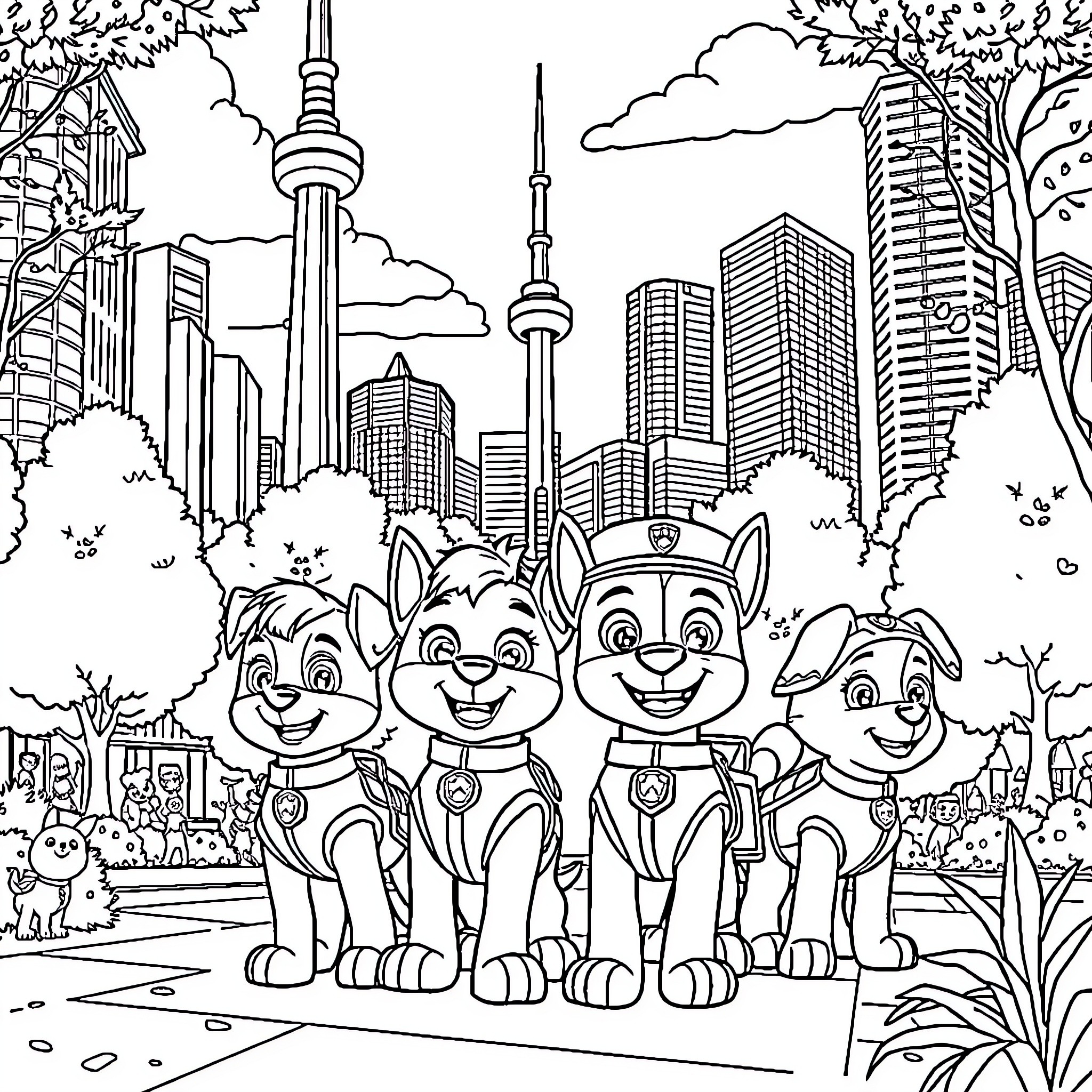 Paw Patrol Exploring Cityscape with Skyscrapers Coloring Page (free black-and-white line drawing printable PDF for all, from beginners to advanced learners, including children, teens, adults, and seniors)