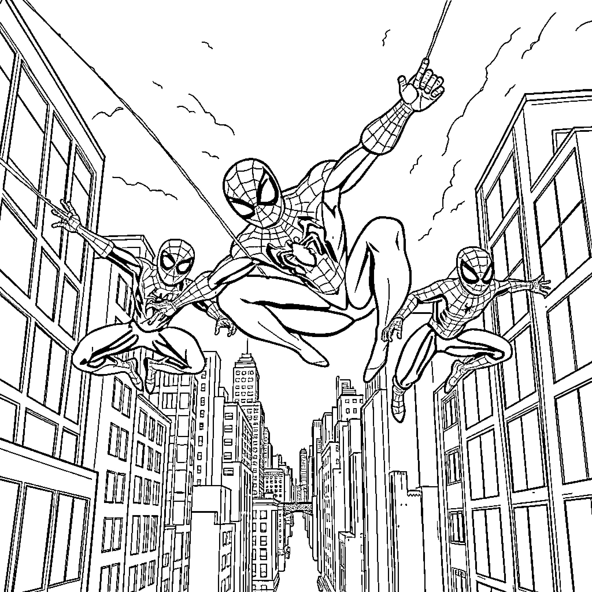 Spidey Heroes Swinging through the City Coloring Page (free black-and-white line drawing printable PDF for all, from beginners to advanced learners, including children, teens, adults, and seniors)