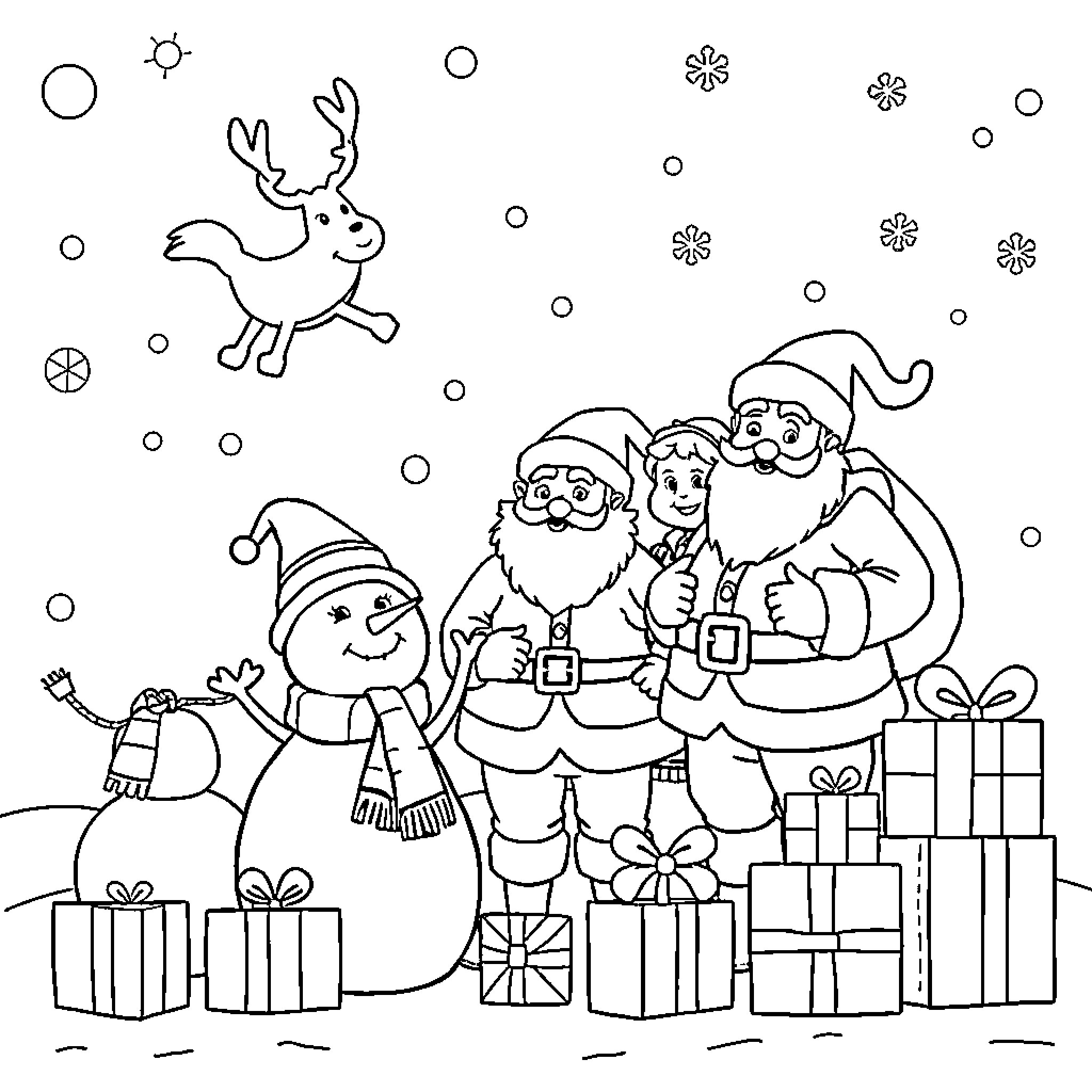 Santa and friends enjoying winter wonderland Coloring Page (free black-and-white line drawing printable PDF for all, from beginners to advanced learners, including children, teens, adults, and seniors)