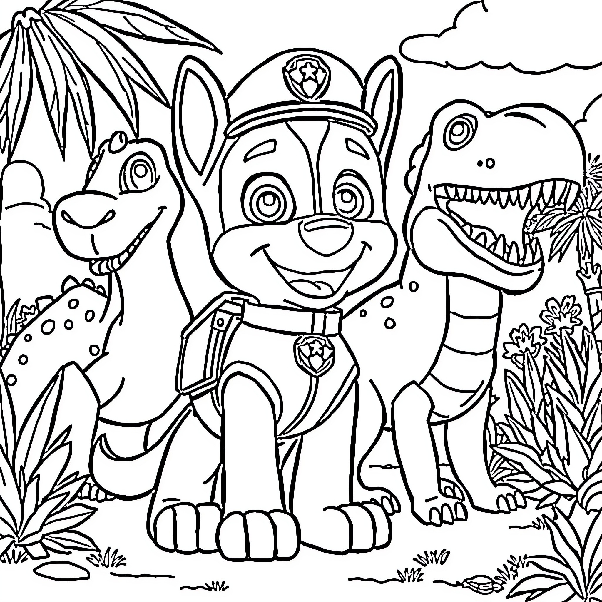 Chase through the Jungle with Cartoon Animals Coloring Page (free black-and-white line drawing printable PDF for all, from beginners to advanced learners, including children, teens, adults, and seniors)