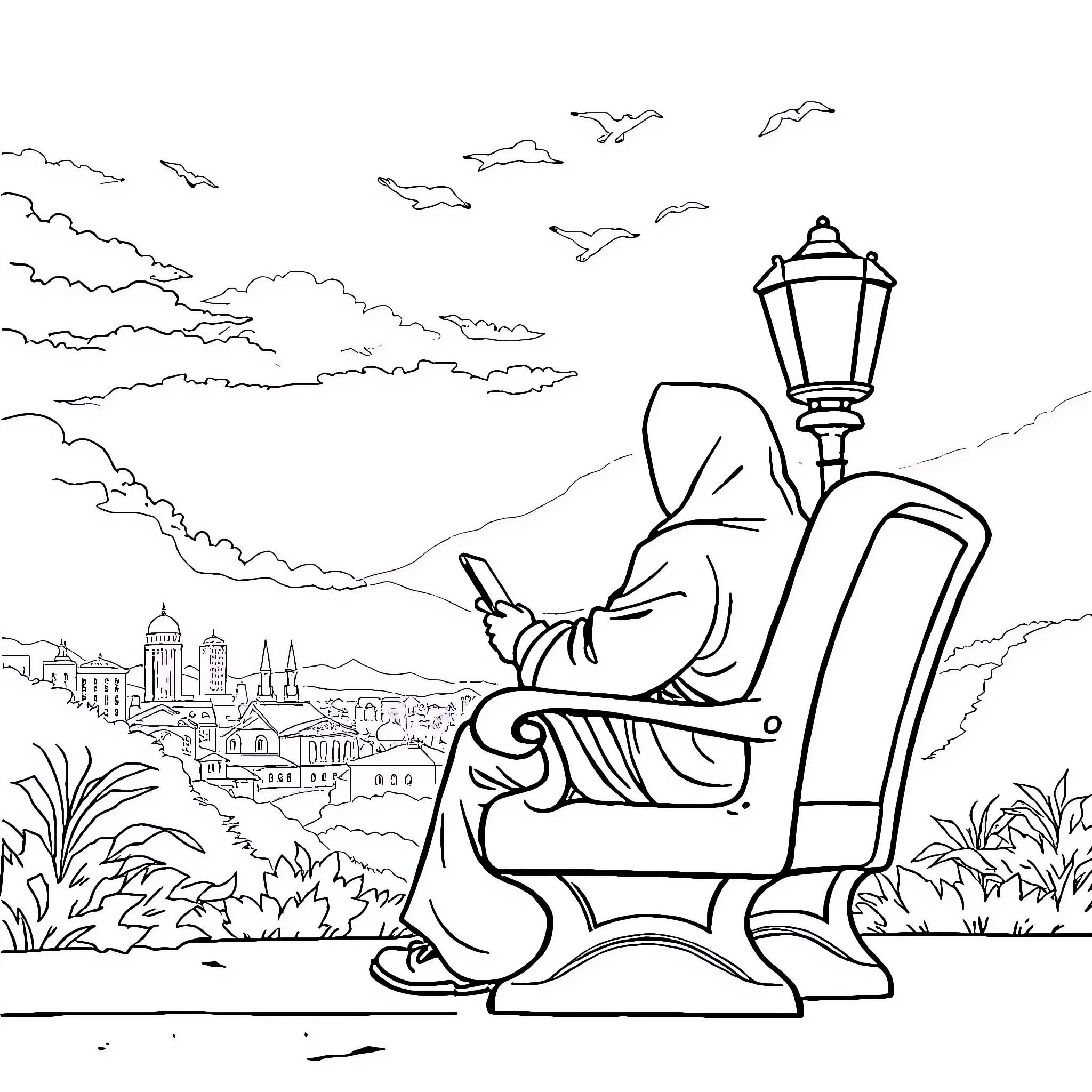 Pemuda relaxing in the park with scenic view Coloring Page (free black-and-white line drawing printable PDF for all, from beginners to advanced learners, including children, teens, adults, and seniors)