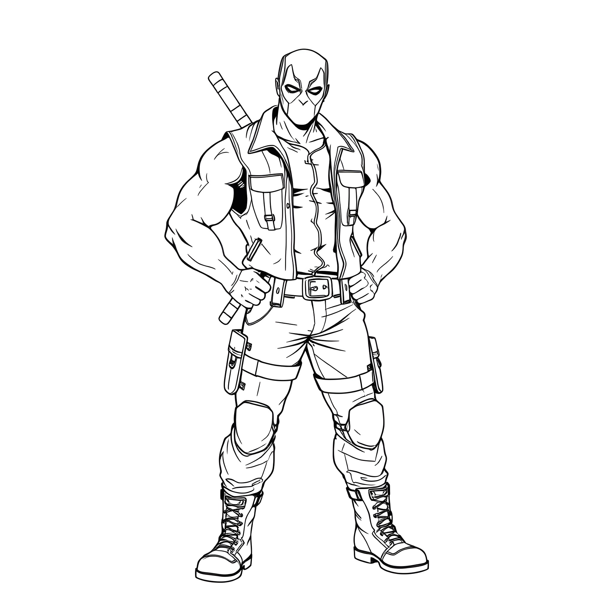 Superhero in action pose with weapons Coloring Page (free black-and-white line drawing printable PDF for all, from beginners to advanced learners, including children, teens, adults, and seniors)
