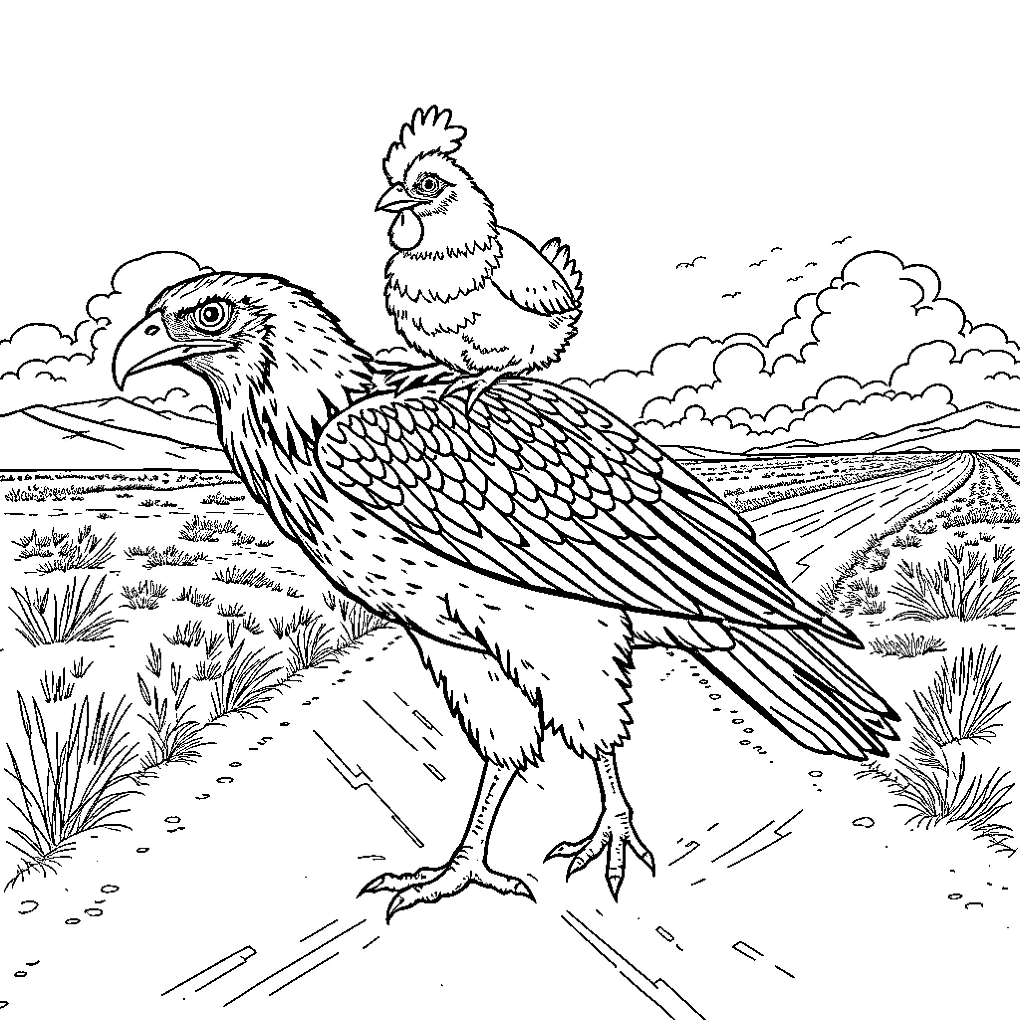 Chicken Roaming the Countryside Coloring Page (free black-and-white line drawing printable PDF for all, from beginners to advanced learners, including children, teens, adults, and seniors)