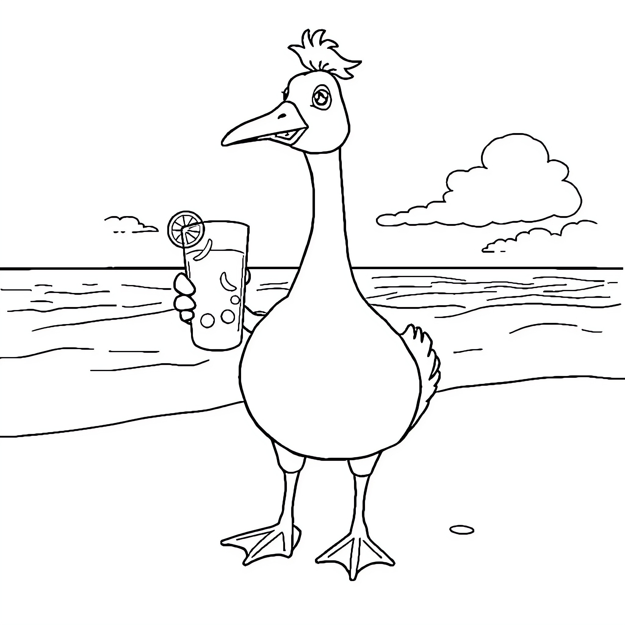 Goose enjoying a refreshing drink by the lake Coloring Page (free black-and-white line drawing printable PDF for all, from beginners to advanced learners, including children, teens, adults, and seniors)