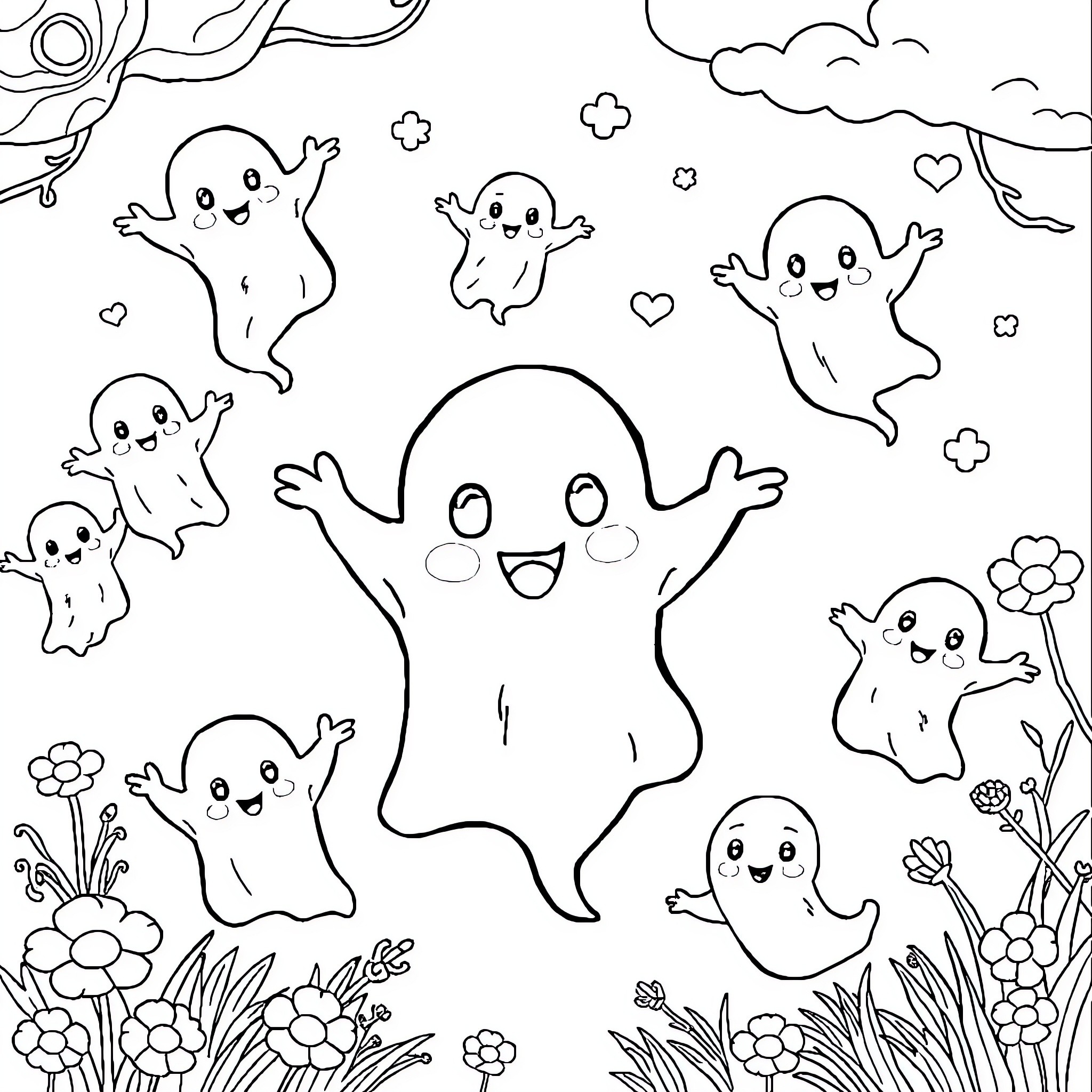 Ghost friends playing joyfully in the meadow Coloring Page (free black-and-white line drawing printable PDF for all, from beginners to advanced learners, including children, teens, adults, and seniors)