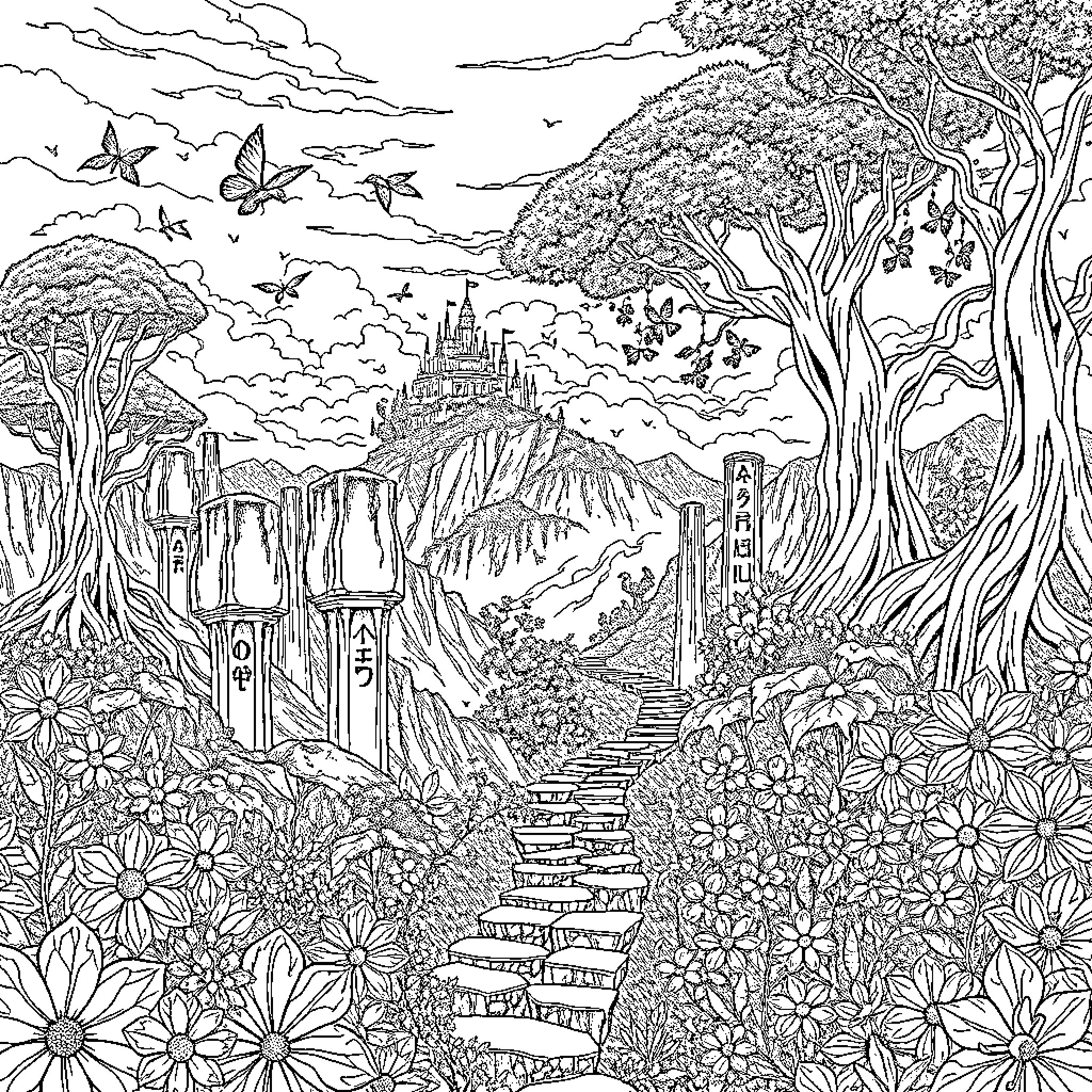 Fantasy Landscape with Butterflies and Magical Ruins Coloring Page (free black-and-white line drawing printable PDF for all, from beginners to advanced learners, including children, teens, adults, and seniors)