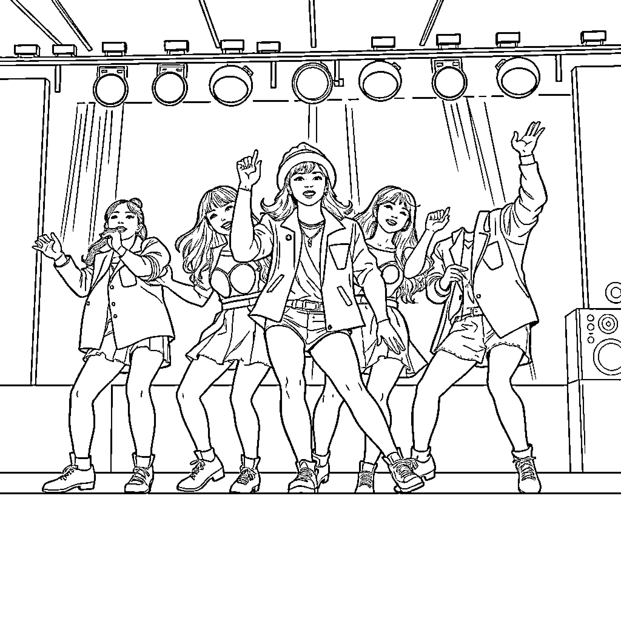 Kpop group performing energetic dance on stage Coloring Page (free black-and-white line drawing printable PDF for all, from beginners to advanced learners, including children, teens, adults, and seniors)
