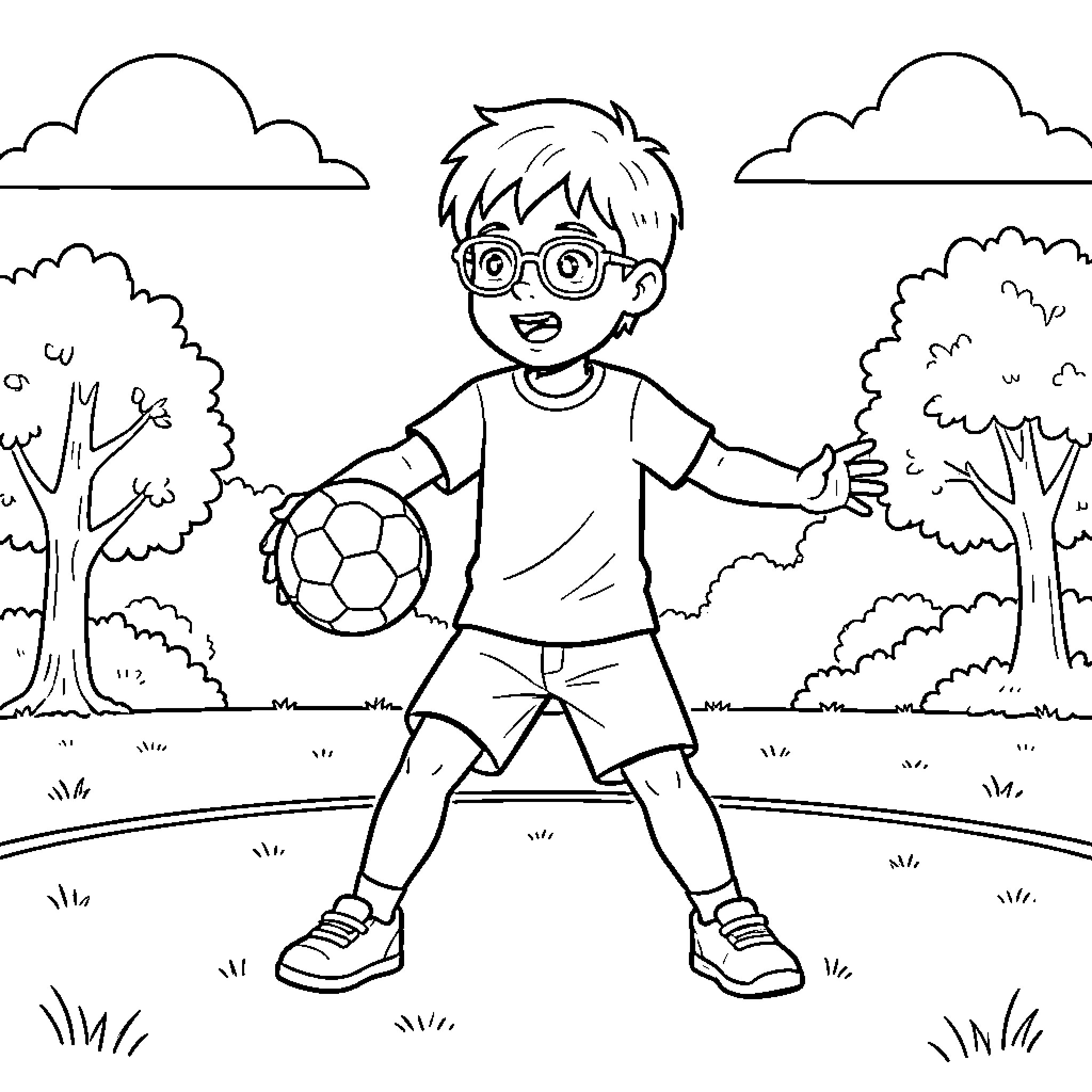 Child wearing glasses playing with a soccer ball Coloring Page (free black-and-white line drawing printable PDF for all, from beginners to advanced learners, including children, teens, adults, and seniors)