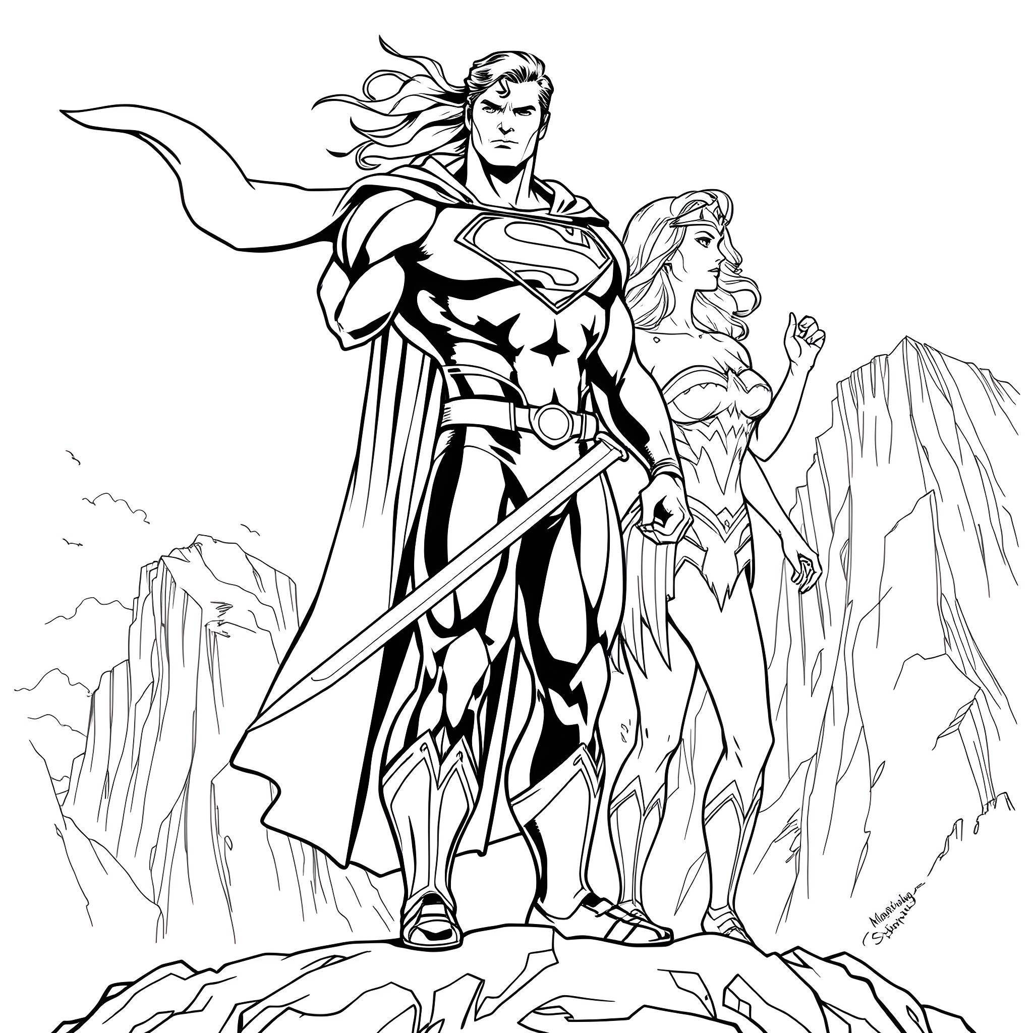 Superman heroically stands with Wonder Woman Coloring Page (free black-and-white line drawing printable PDF for all, from beginners to advanced learners, including children, teens, adults, and seniors)