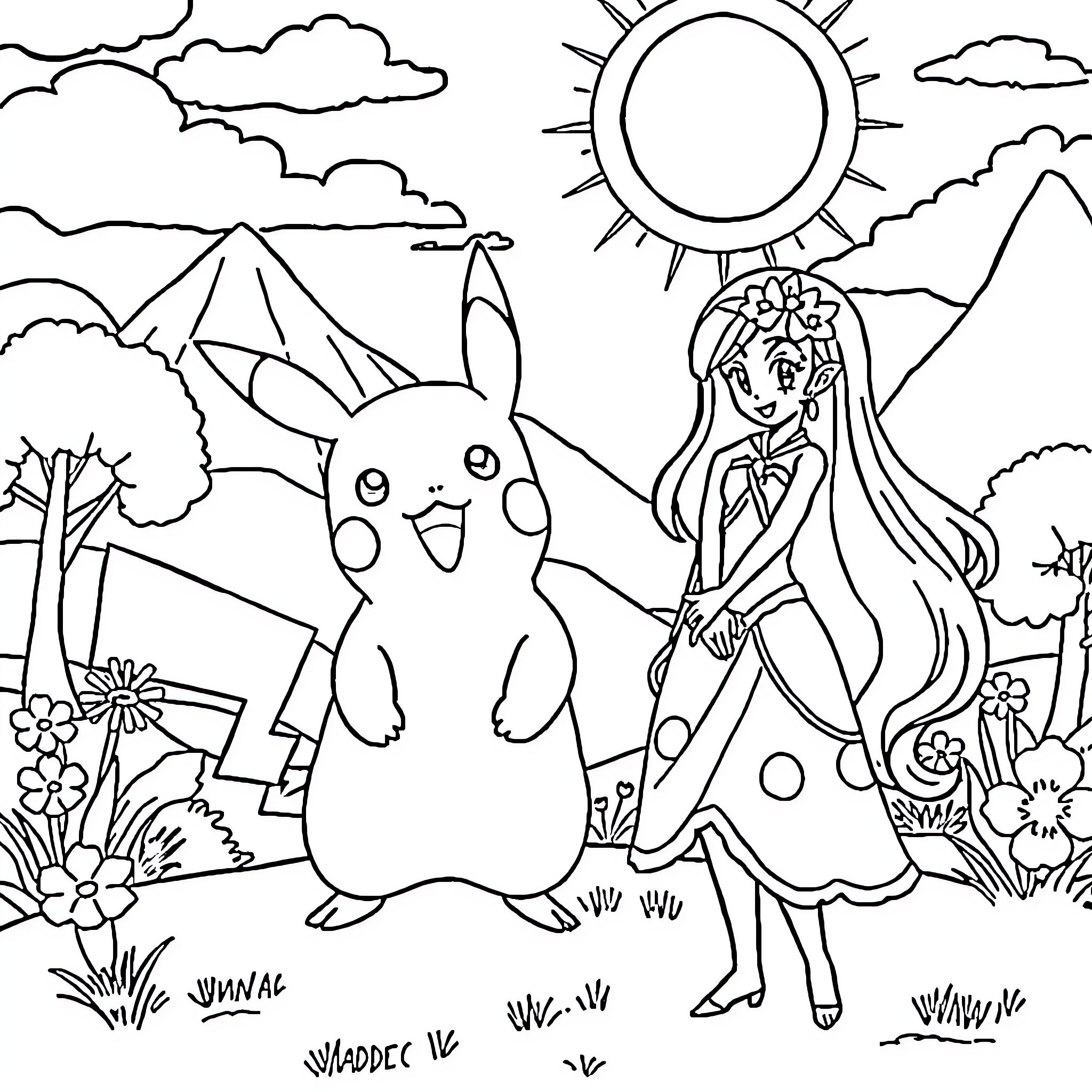 Pikachu playing with a young woman in nature Coloring Page (free black-and-white line drawing printable PDF for all, from beginners to advanced learners, including children, teens, adults, and seniors)