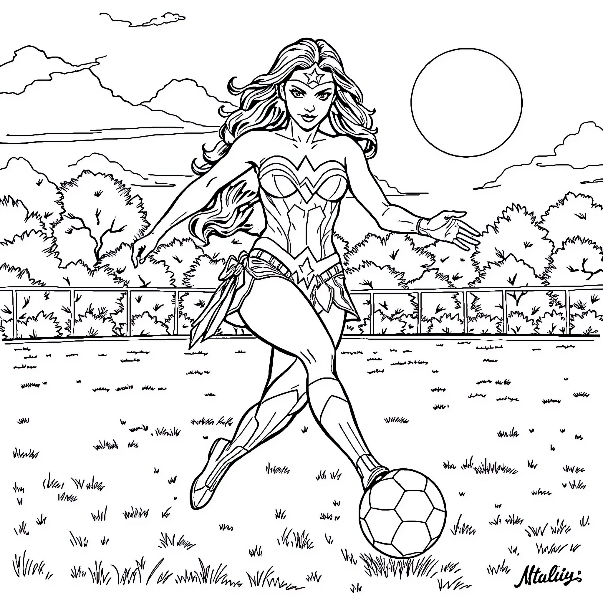 Wonder Woman Playing Soccer in the Countryside Coloring Page (free black-and-white line drawing printable PDF for all, from beginners to advanced learners, including children, teens, adults, and seniors)