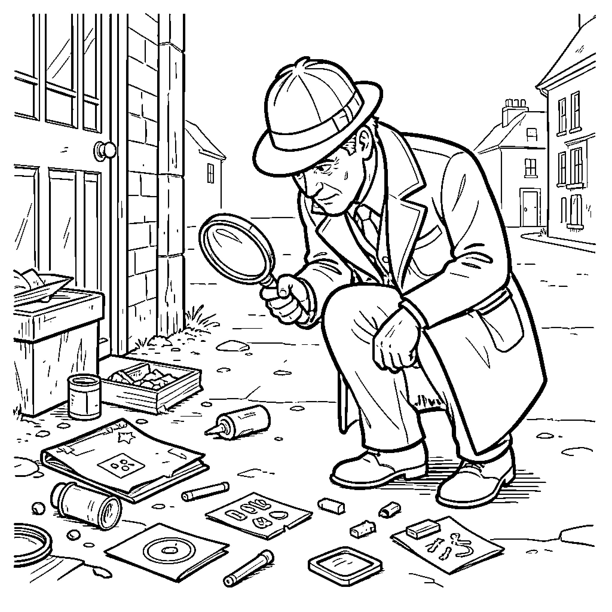 Sherlock Holmes examining clues with a magnifying glass Coloring Page (free black-and-white line drawing printable PDF for all, from beginners to advanced learners, including children, teens, adults, and seniors)