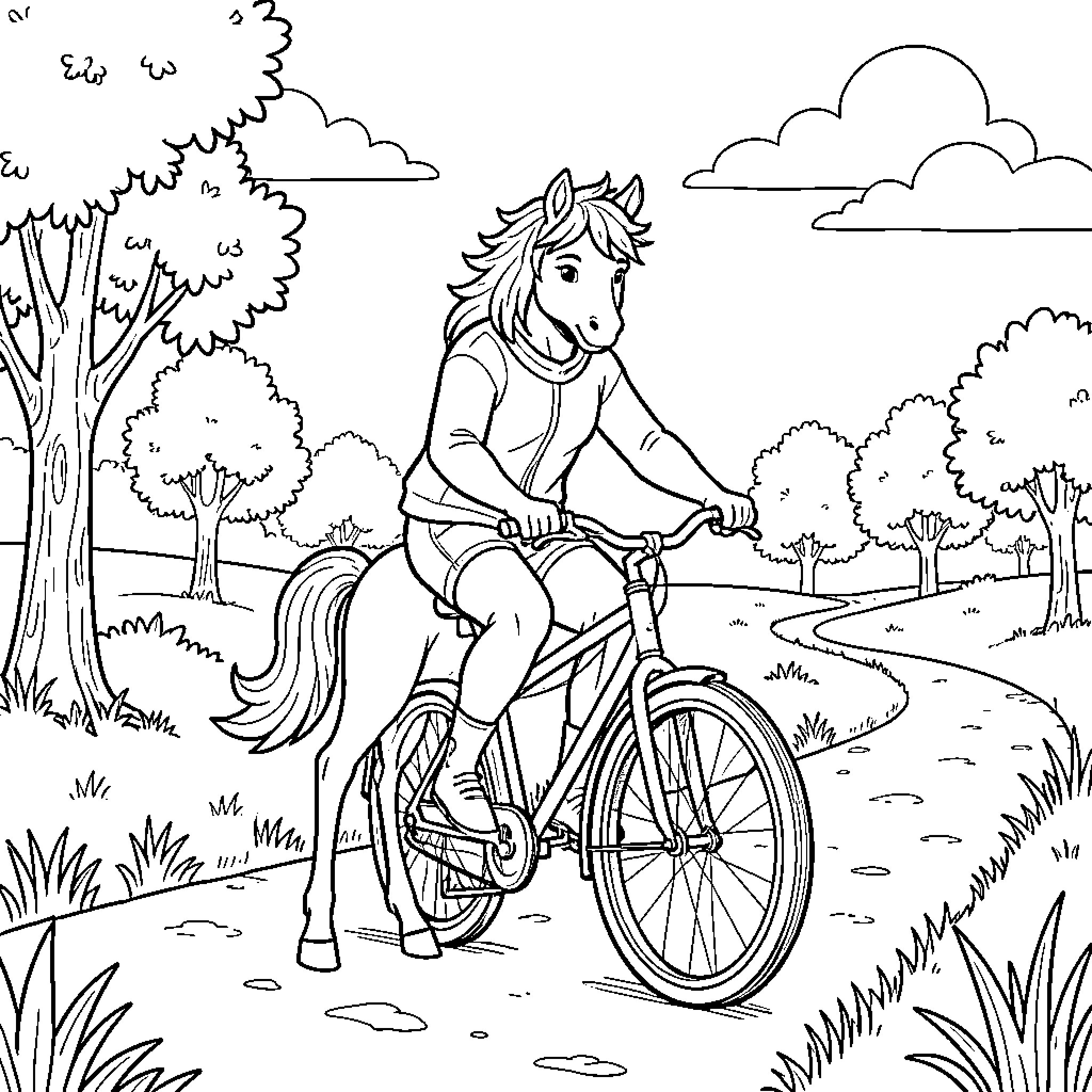 Centaur riding a bicycle through nature Coloring Page (free black-and-white line drawing printable PDF for all, from beginners to advanced learners, including children, teens, adults, and seniors)